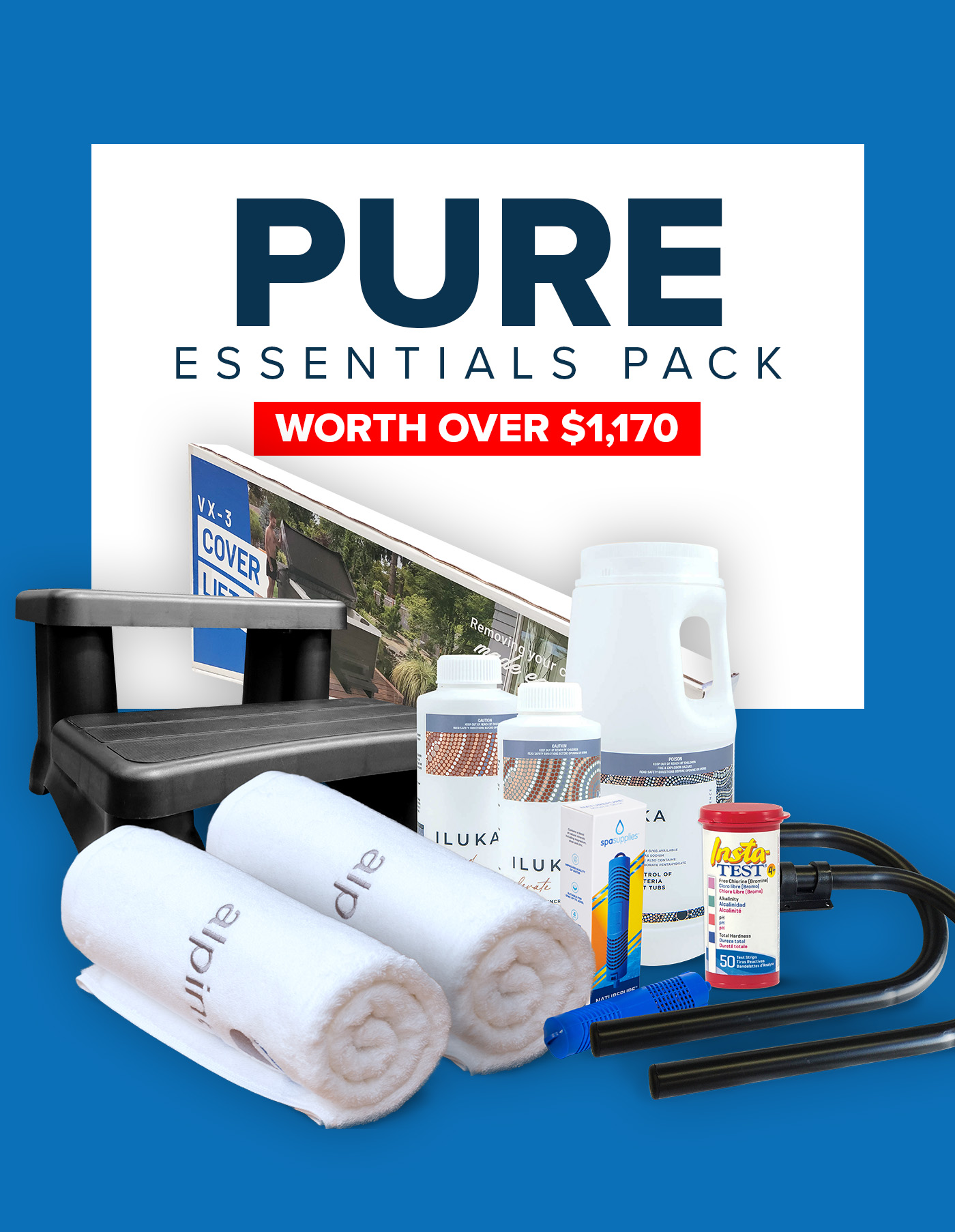 A collection of spa maintenance and care items, including towels, cleaning chemicals, test strips, tools, and a set of black steps, displayed against a blue and white background with text reading "PURE Essentials Pack Worth Over $1,170."