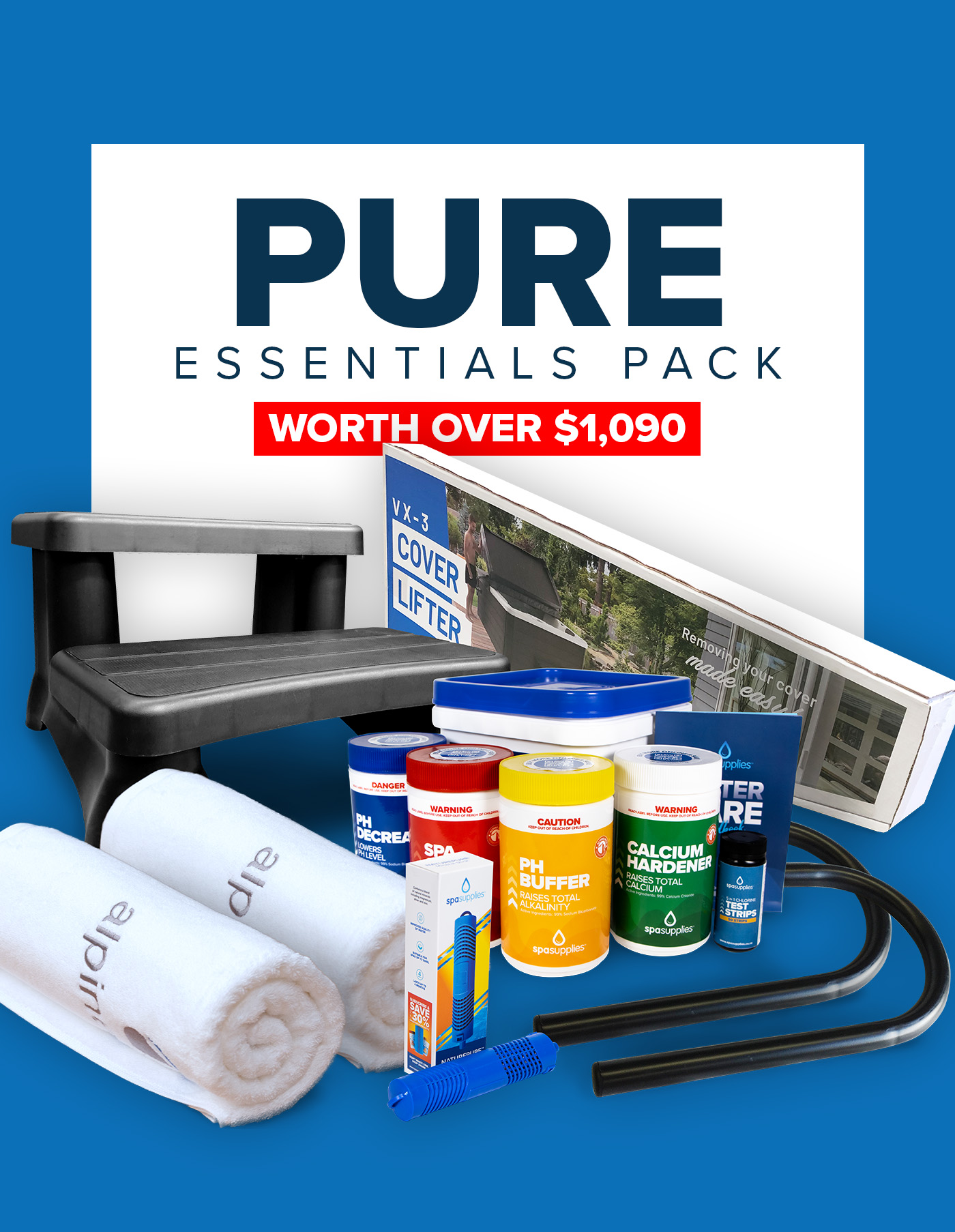 A collection of spa-related products including towels, steps, water treatment chemicals, a cover lifter, a filter, a test strips container, and hoses, arranged in front of a sign reading "PURE Essentials Pack Worth Over $1,090".