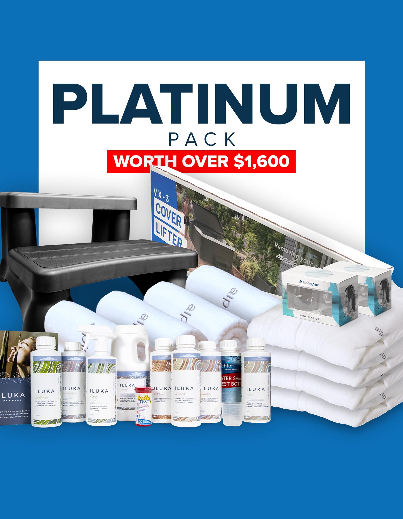 Assorted spa products and accessories, including towels, cleaning supplies, a bench, a box labeled "cover lifter," wine glasses, and bottles of chemicals, with text reading "PLATINUM PACK WORTH OVER $1,600" on a blue and white background.