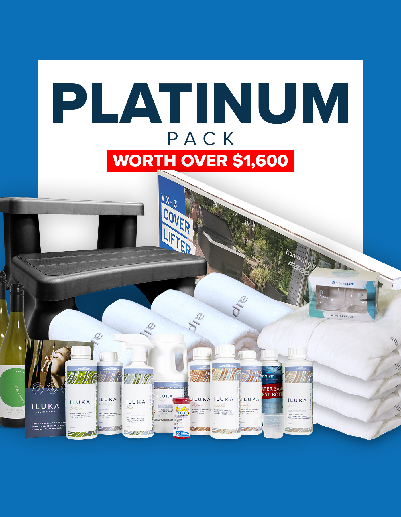 A display of the "Platinum Pack" prize bundle, valued over $1,600, featuring towels, spa products, cleaning supplies, a bottle of wine, a spa cover lifter, wine glasses, and various bottles and containers arranged in front of a blue and white background.