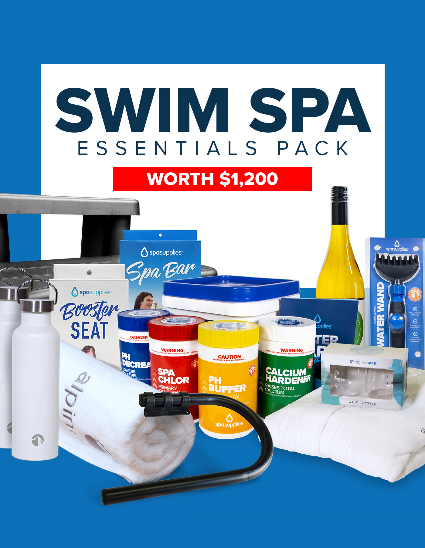 Swim spa essentials pack with various items including spa chemicals, water bottles, seat booster, spa bar, wine glasses, towel, water wand, and a yellow bottle, displayed under a sign reading "Swim Spa Essentials Pack Worth $1,200."