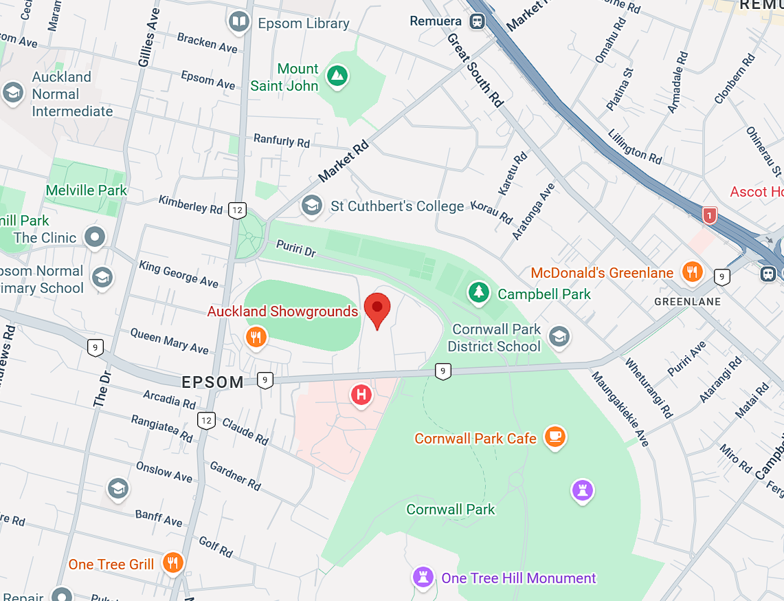 Satellite map view of Epsom, Auckland, centered on Auckland Showgrounds, with nearby parks, schools, roads, and landmarks labeled, including Cornwall Park, St Cuthbert’s College, and main roads like Market Road and Great South Road.
