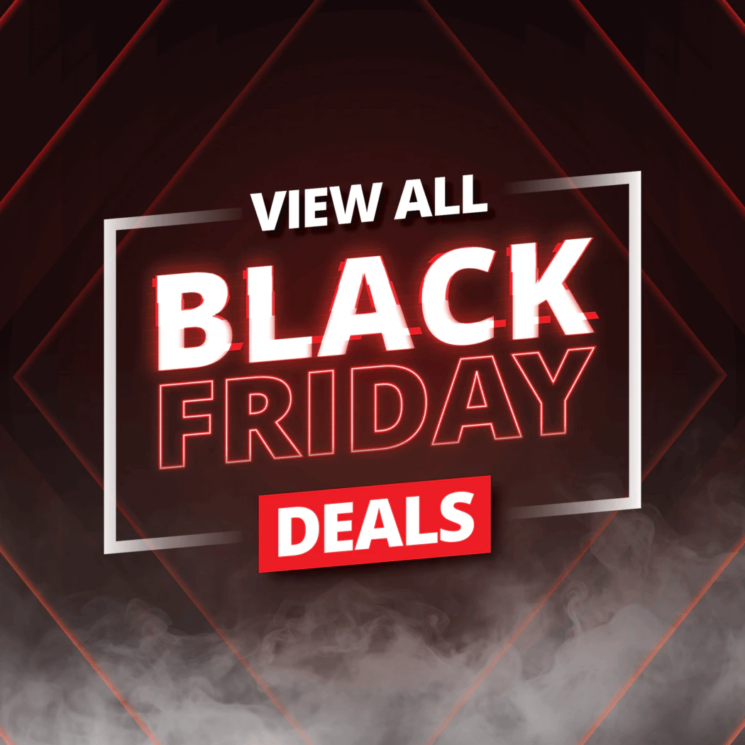 Bold text reads "View All Black Friday Deals" with neon-style lettering on a dark background with red accents and smoky effects.