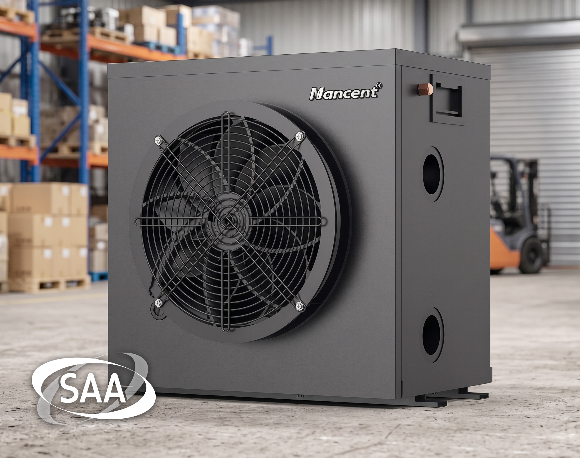 A large industrial fan unit with the brand name "Mancent" is positioned in a warehouse, with boxes and shelving in the background and an SAA approval logo in the foreground.