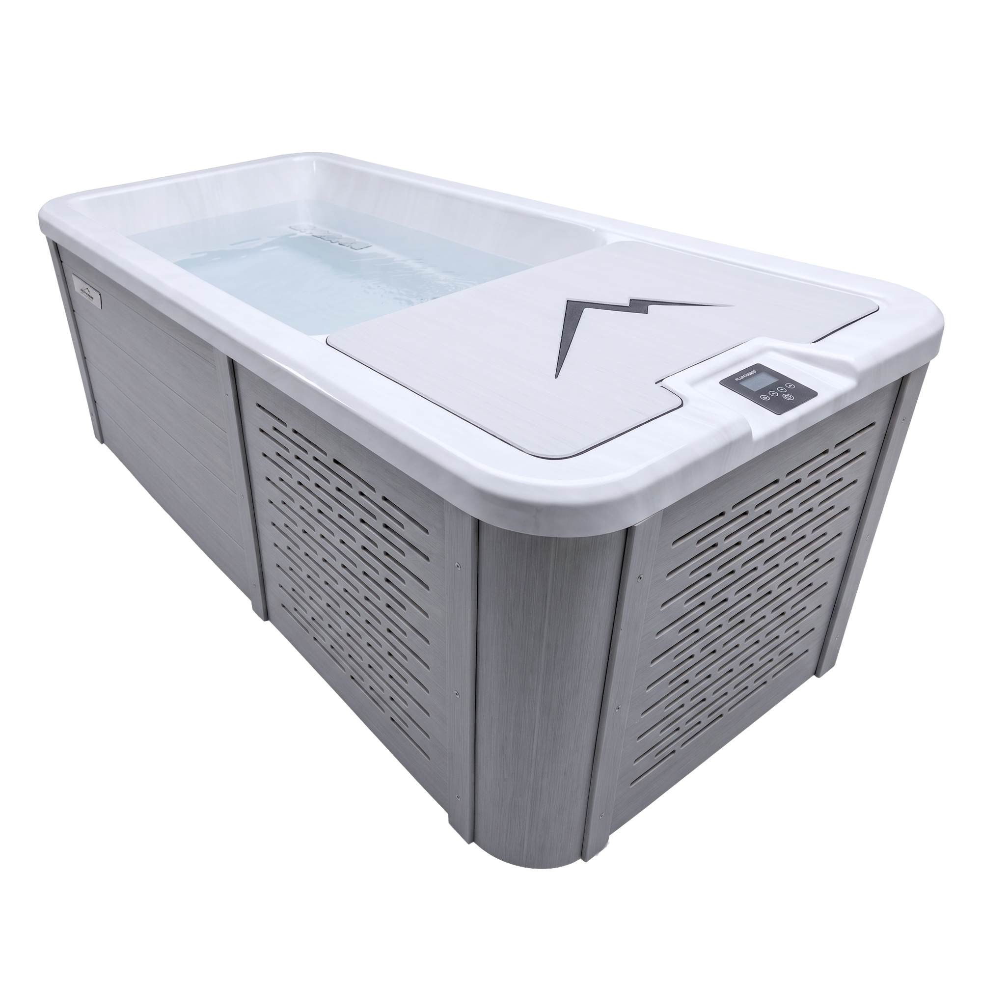 A rectangular pool with grey panels, a partially covered water surface, and a digital control panel on one corner.
