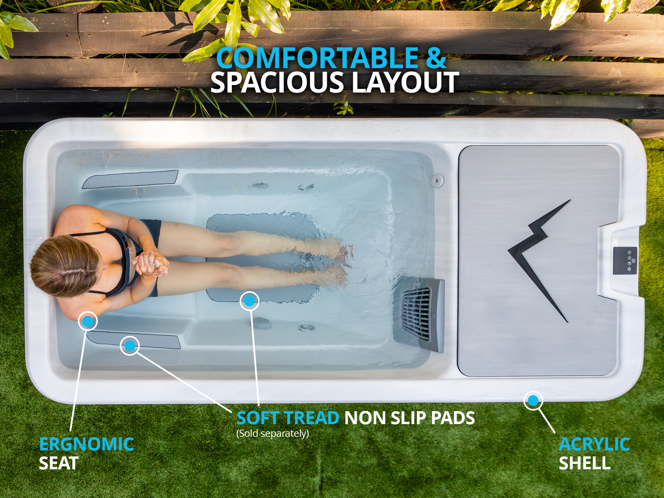 A woman relaxes in an outdoor rectangular pool with ergonomic seat, non-slip pads, and acrylic shell features highlighted, set on artificial grass.