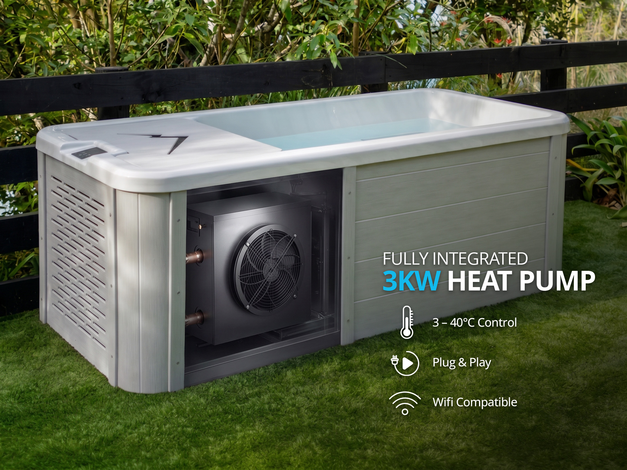 A rectangular outdoor chiller bath with an integrated 3kW heat pump, shown on grass with feature icons and text highlighting temperature control, plug and play setup, and Wi-Fi compatibility.