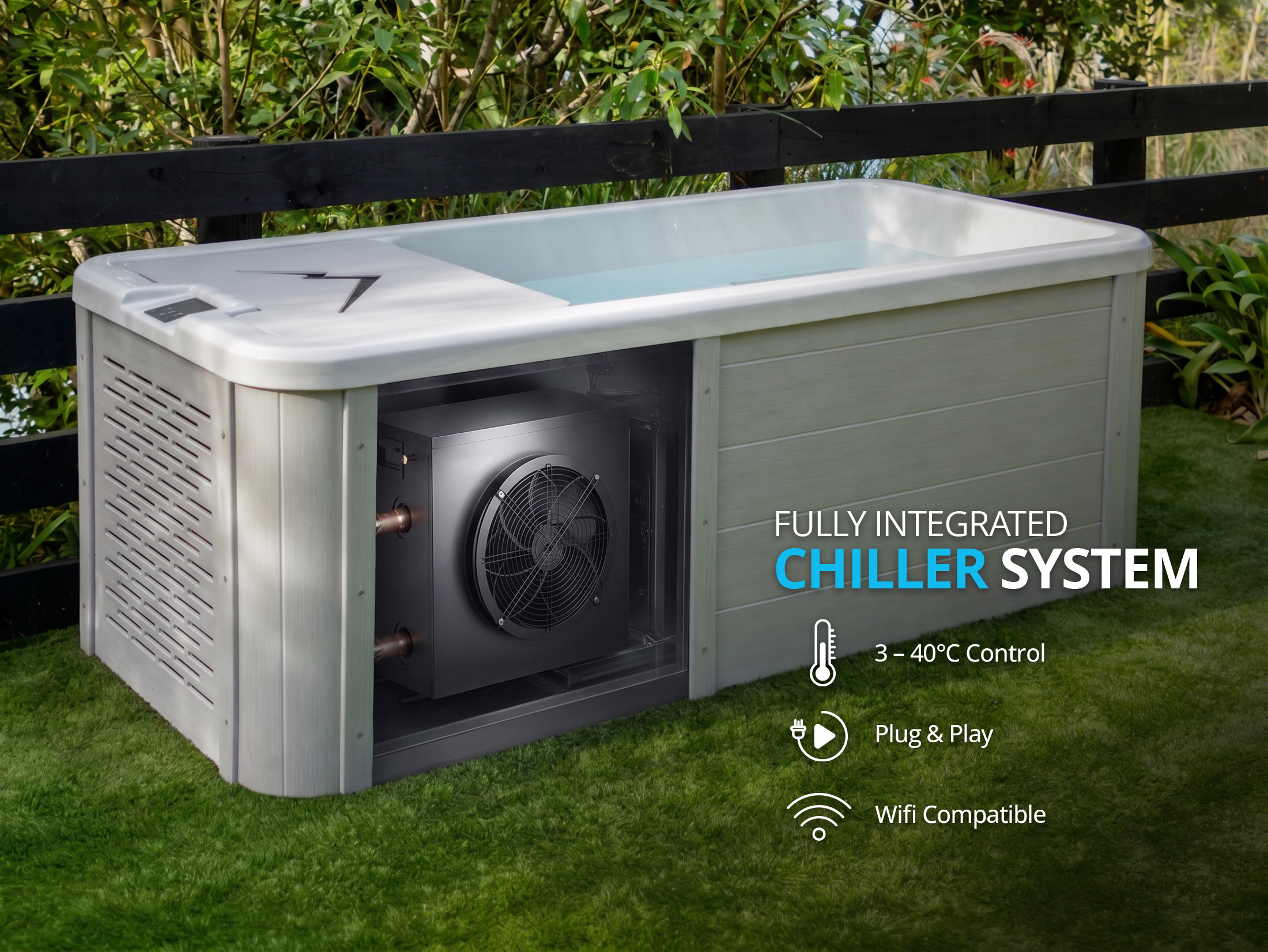 A rectangular outdoor chiller system filled with water is shown on grass, featuring a visible cooling unit and icons highlighting temperature control, plug and play setup, and Wi-Fi compatibility.