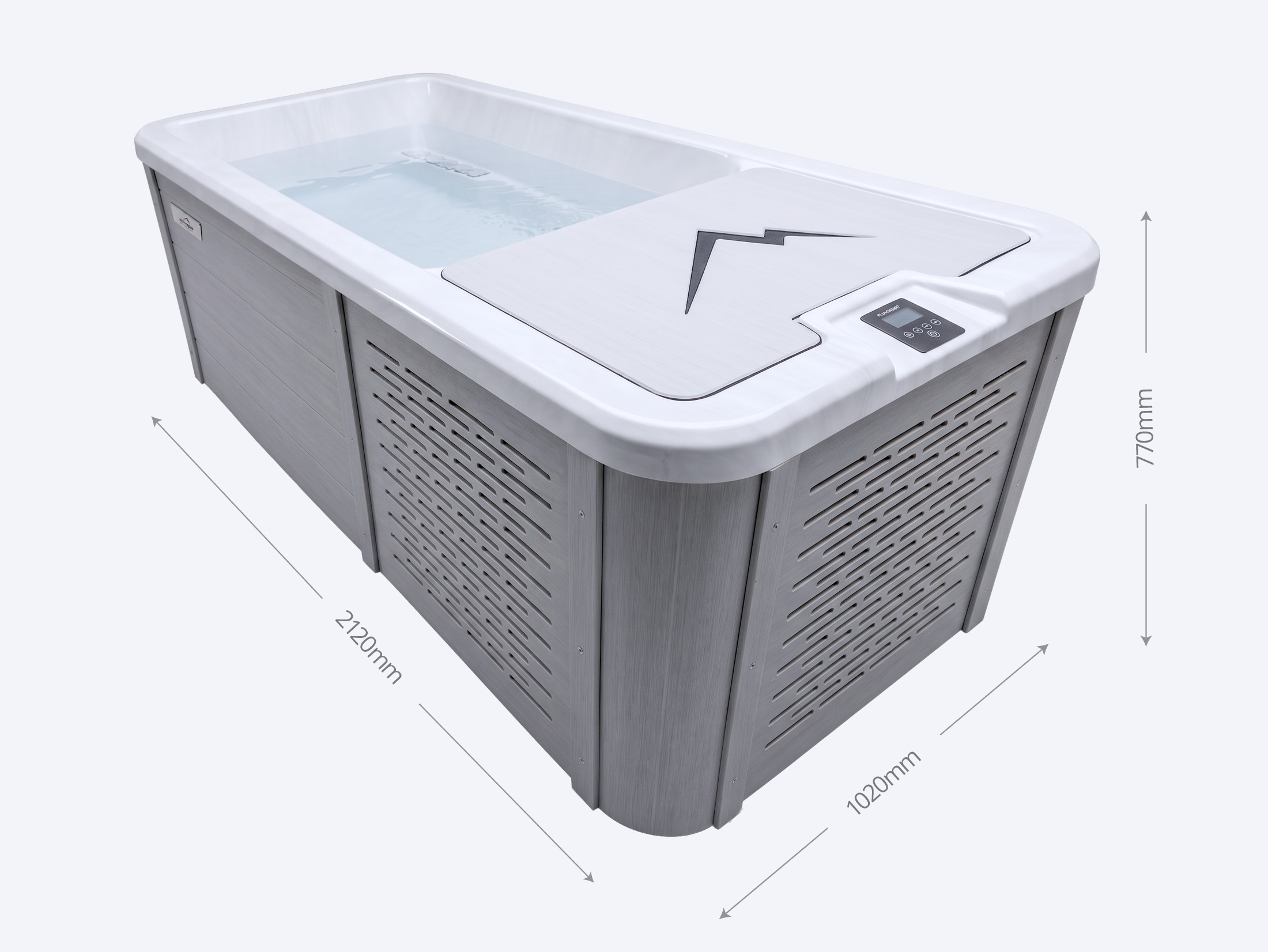 A rectangular pool with a control panel and partial cover, filled with water, shown with dimensions 2120mm long, 1020mm wide, and 770mm high.