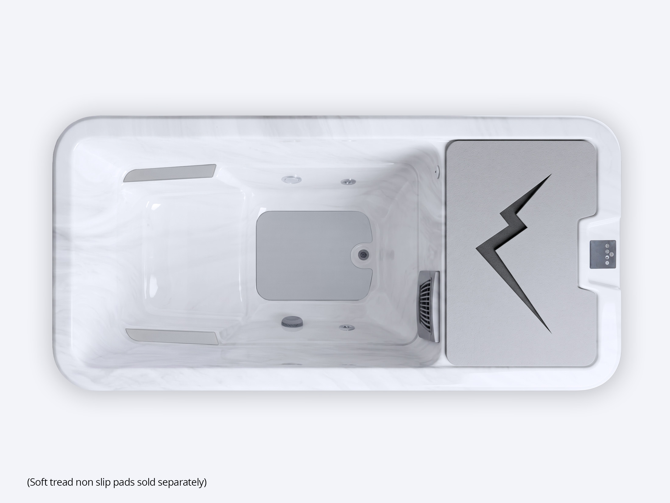 Top-down view of a rectangular bath with a textured lid featuring a lightning bolt design and a control panel on the right.