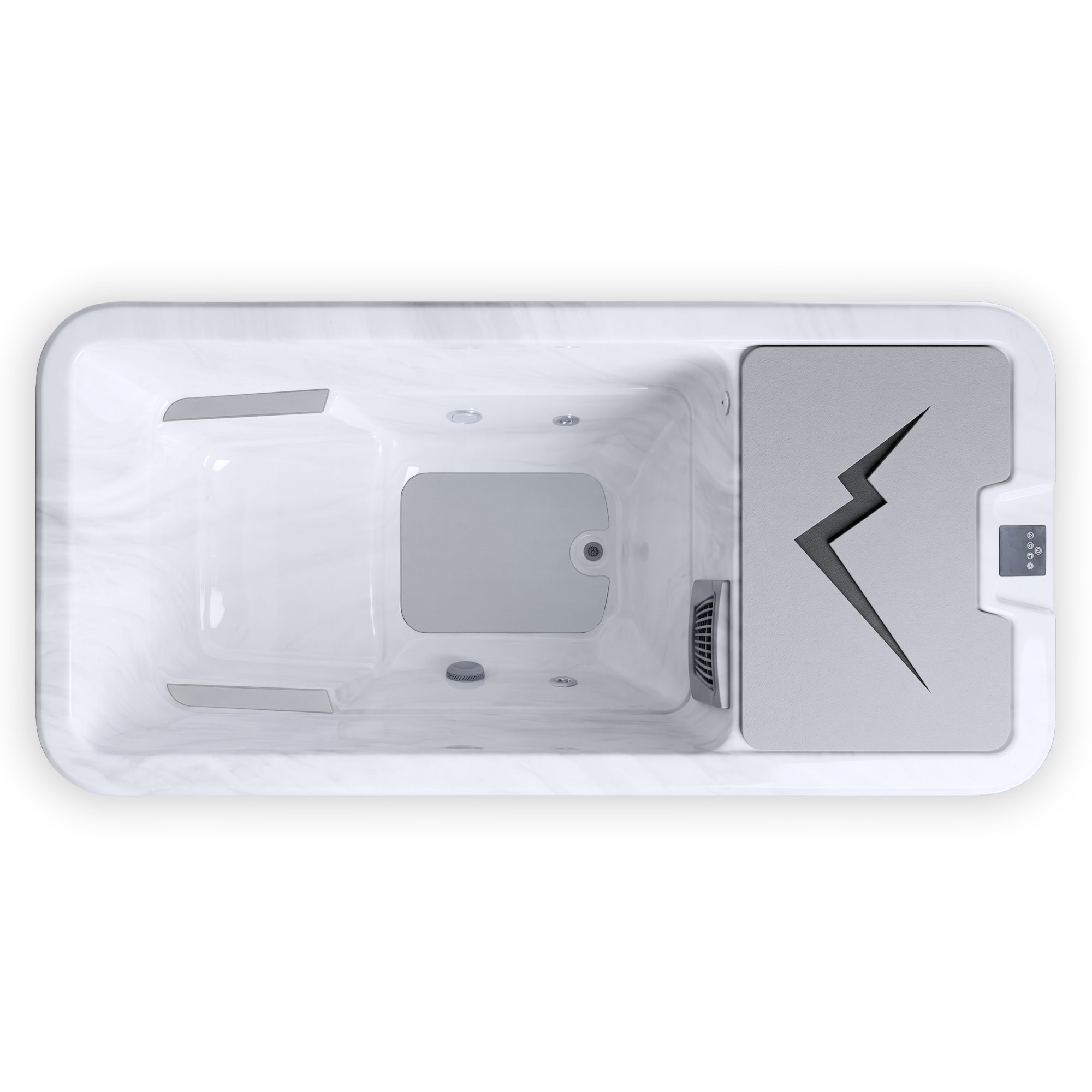 Top-down view of a rectangular white tub with built-in seating and a grey section featuring a zigzag design.