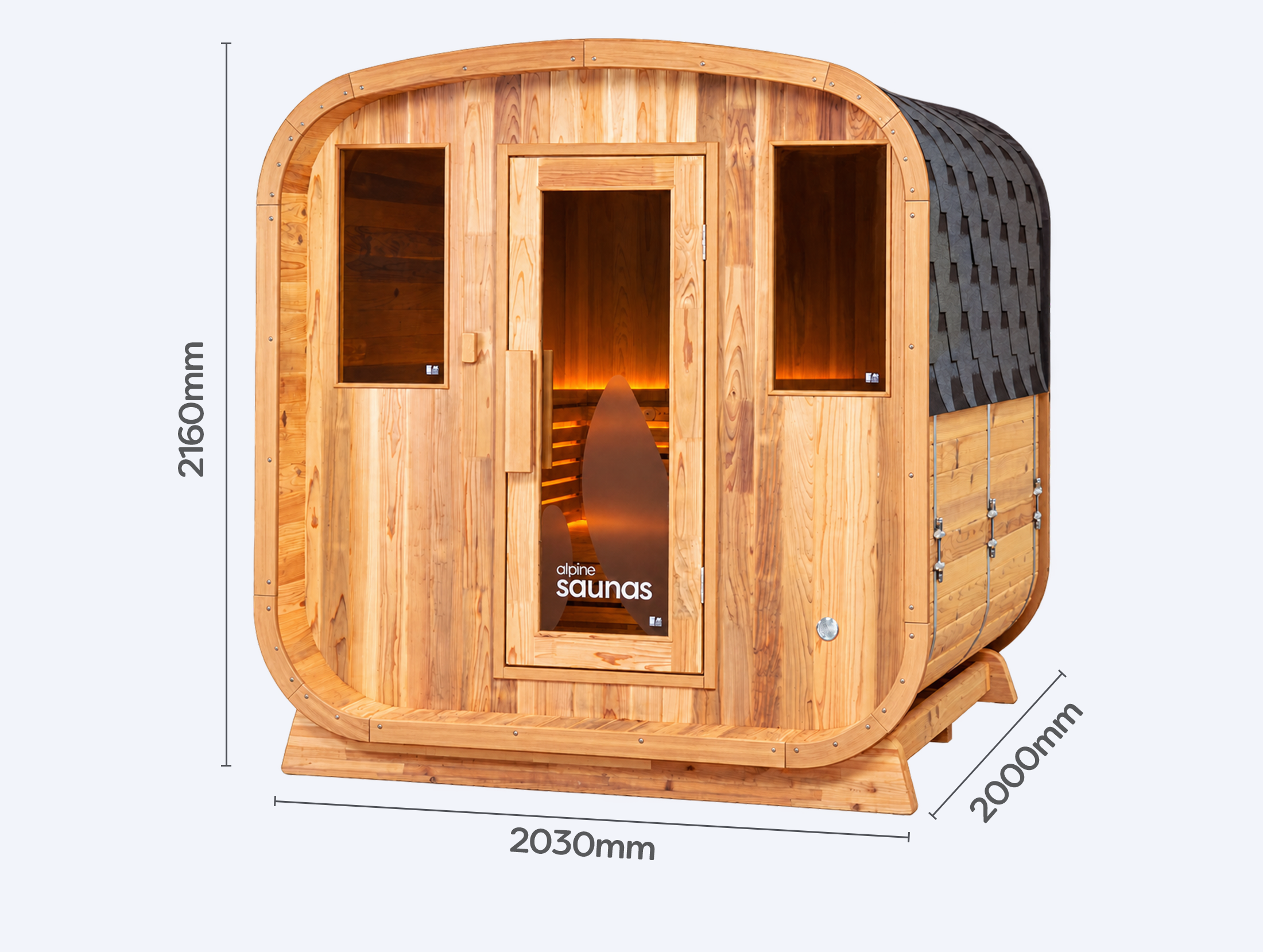 A wooden cabin with a curved roof, two side windows, and a central door is shown with dimensions labelled as 2160mm high, 2030mm wide, and 2000mm deep.