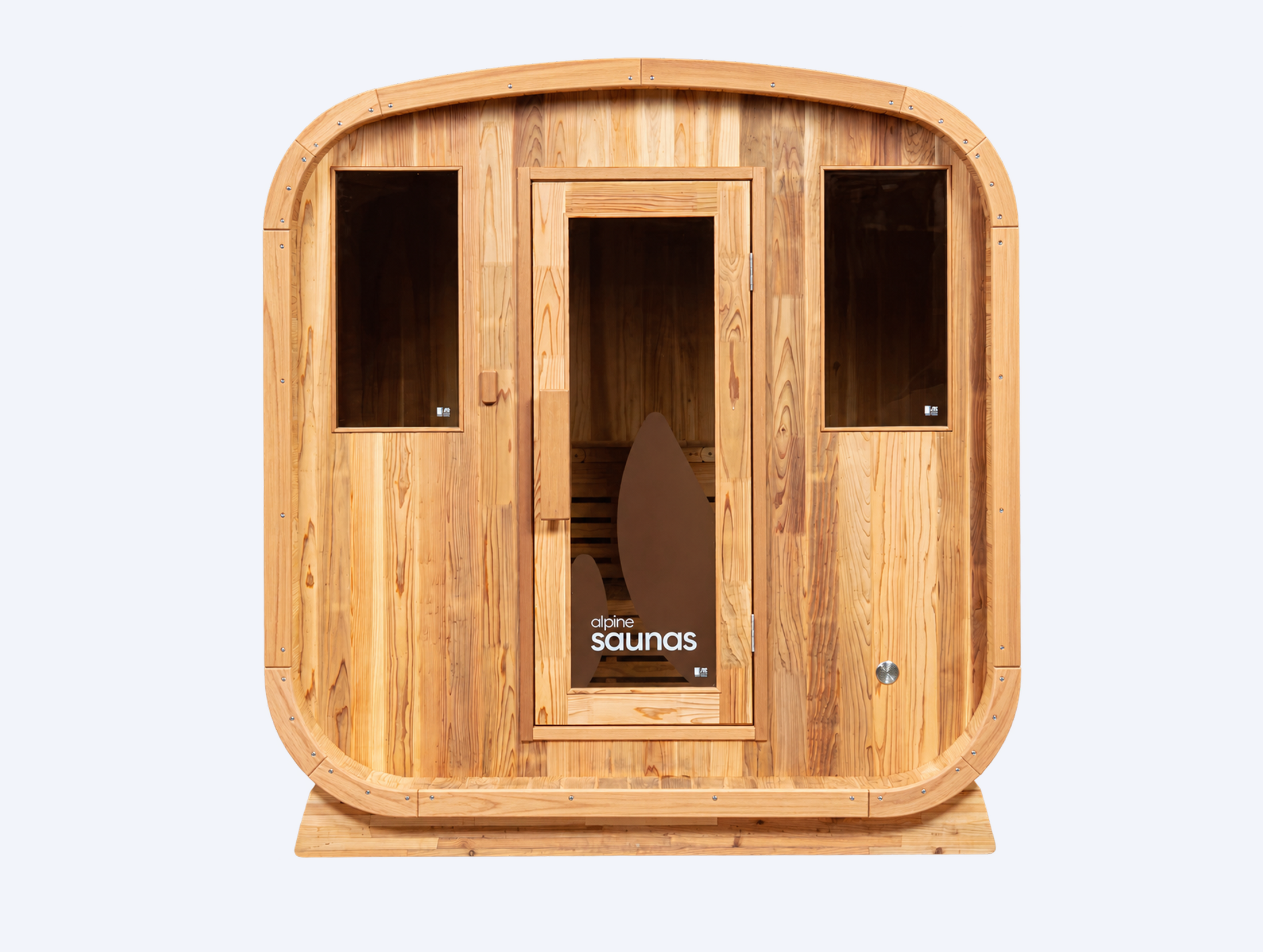 A wooden cabin-style sauna with a central glass door and two rectangular windows on either side, viewed from the front.