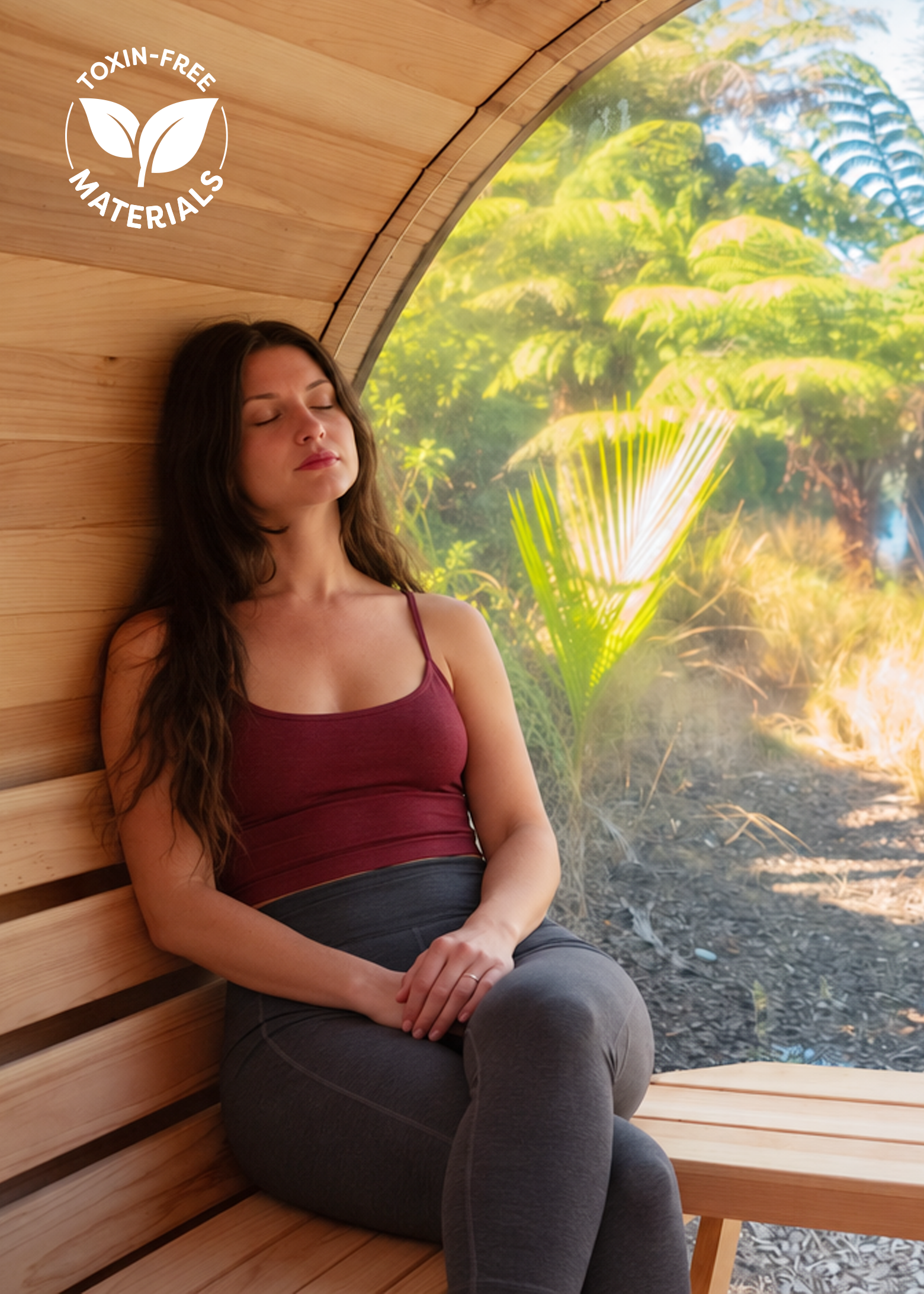A woman relaxes with eyes closed on a wooden bench in a curved wooden room, with sunlight streaming through a large window and a "Toxin-Free Materials" logo in the corner.
