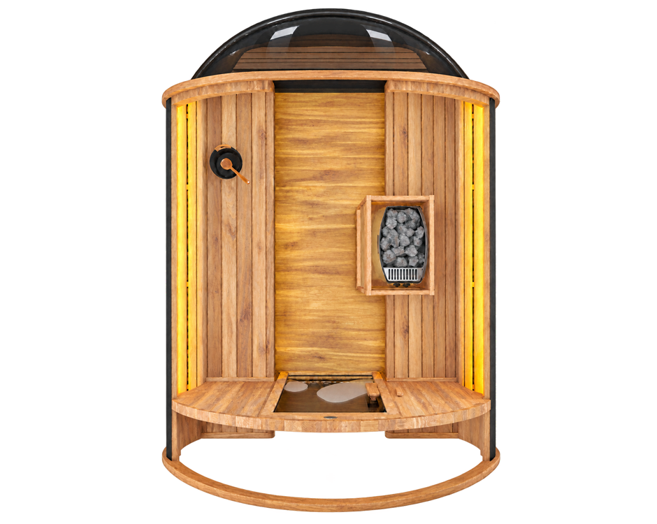 Top-down view of a small wooden sauna with curved benches, a heater with stones, and a glass dome roof.