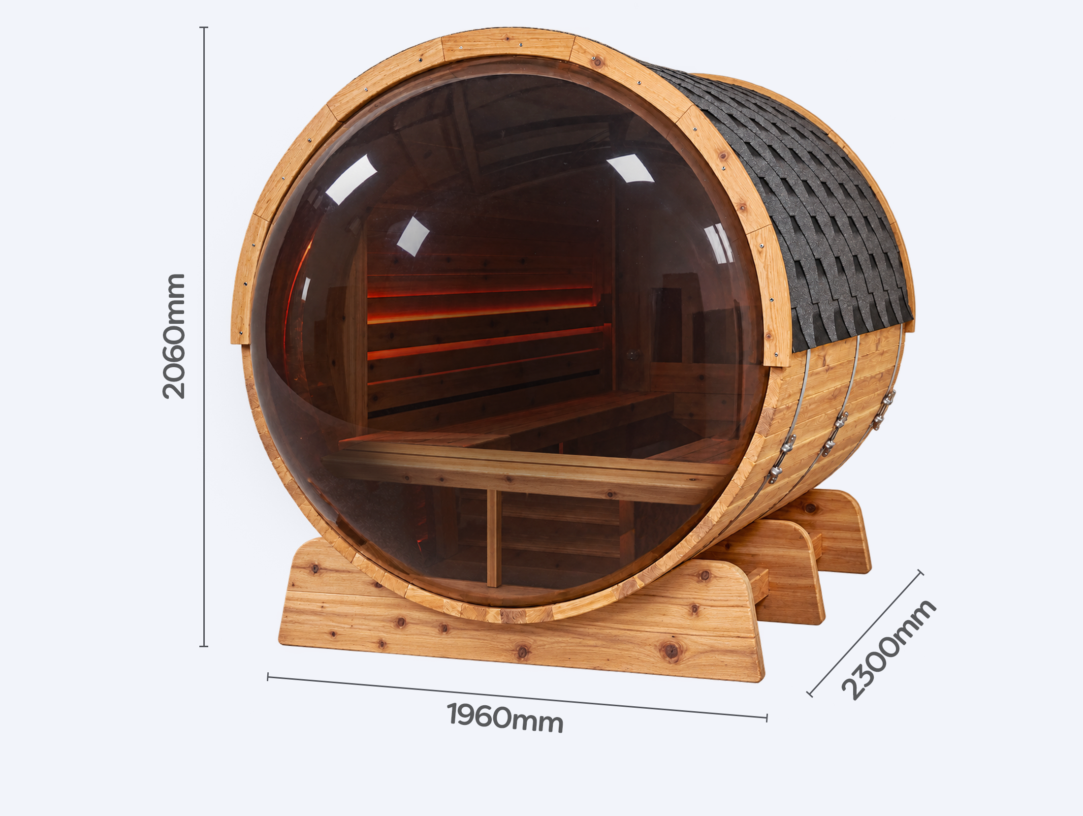 A barrel-shaped wooden sauna with a large curved glass front, showing internal benches and dimensions of 2060mm height, 1960mm width, and 2300mm depth.