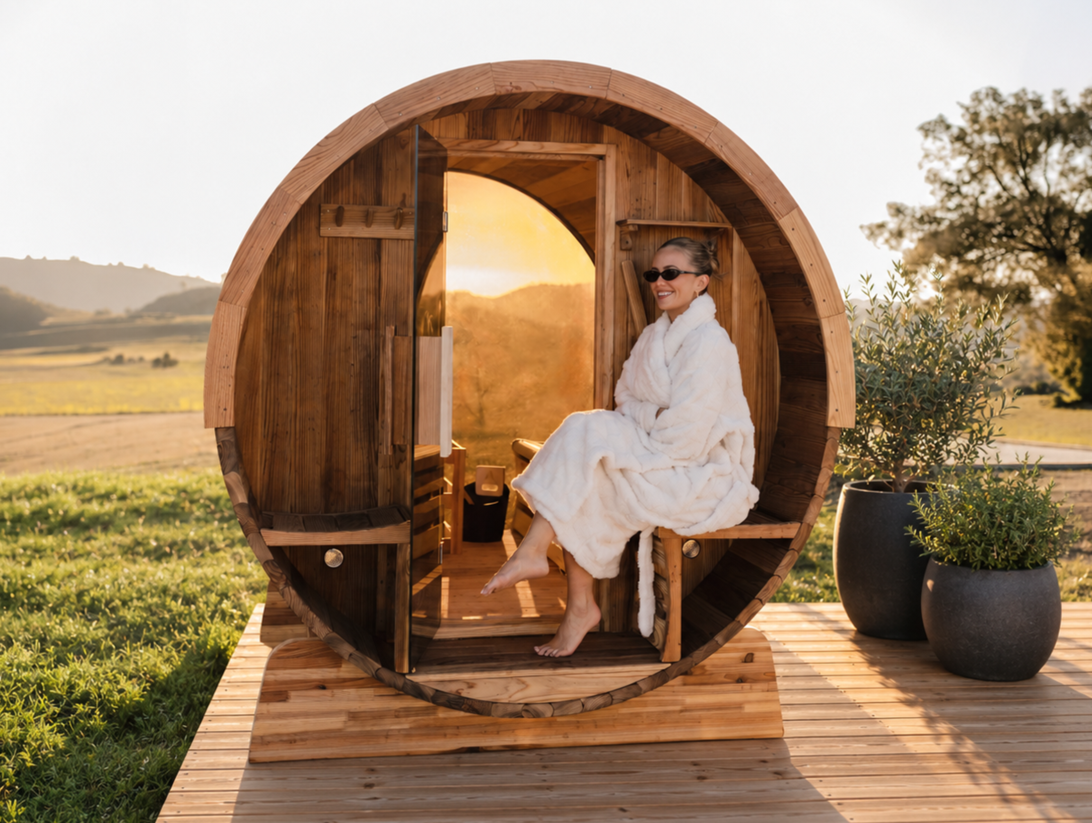 A woman in a white robe sits at the entrance of a circular wooden outdoor sauna on a deck with plants and a scenic countryside background.