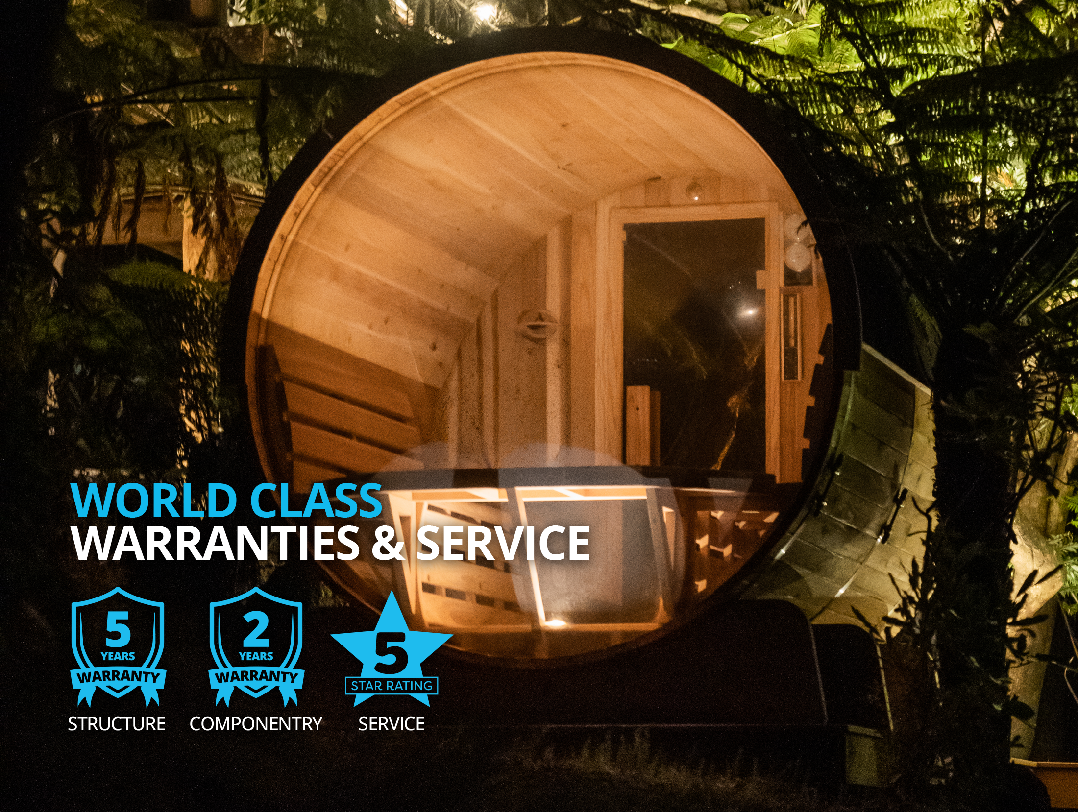 A round wooden outdoor sauna at night, illuminated and surrounded by trees, with warranty and service information overlaid.