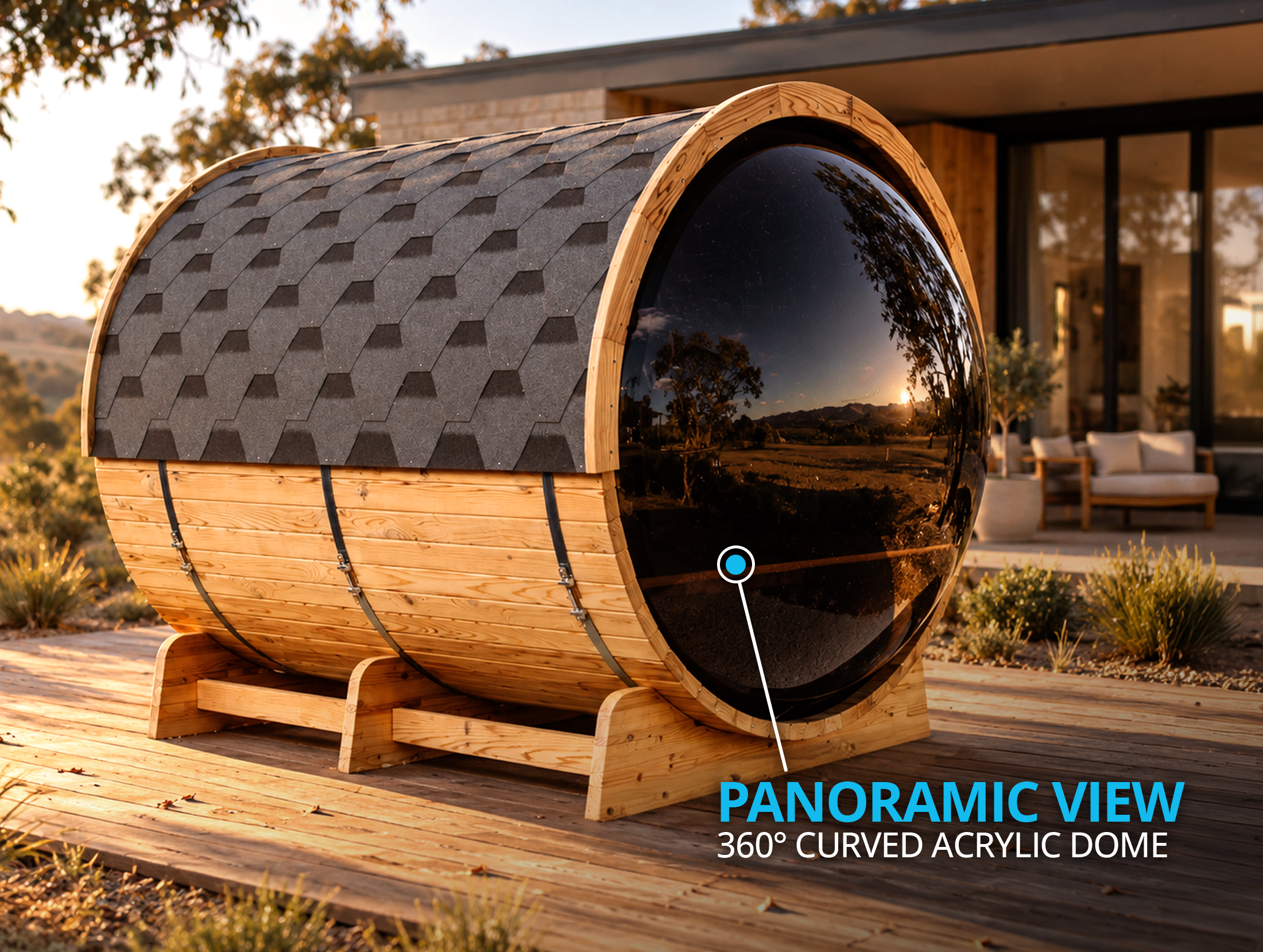 A wooden barrel-shaped outdoor structure with a shingled roof and a large curved acrylic dome at one end, featuring text that highlights its panoramic 360-degree view.