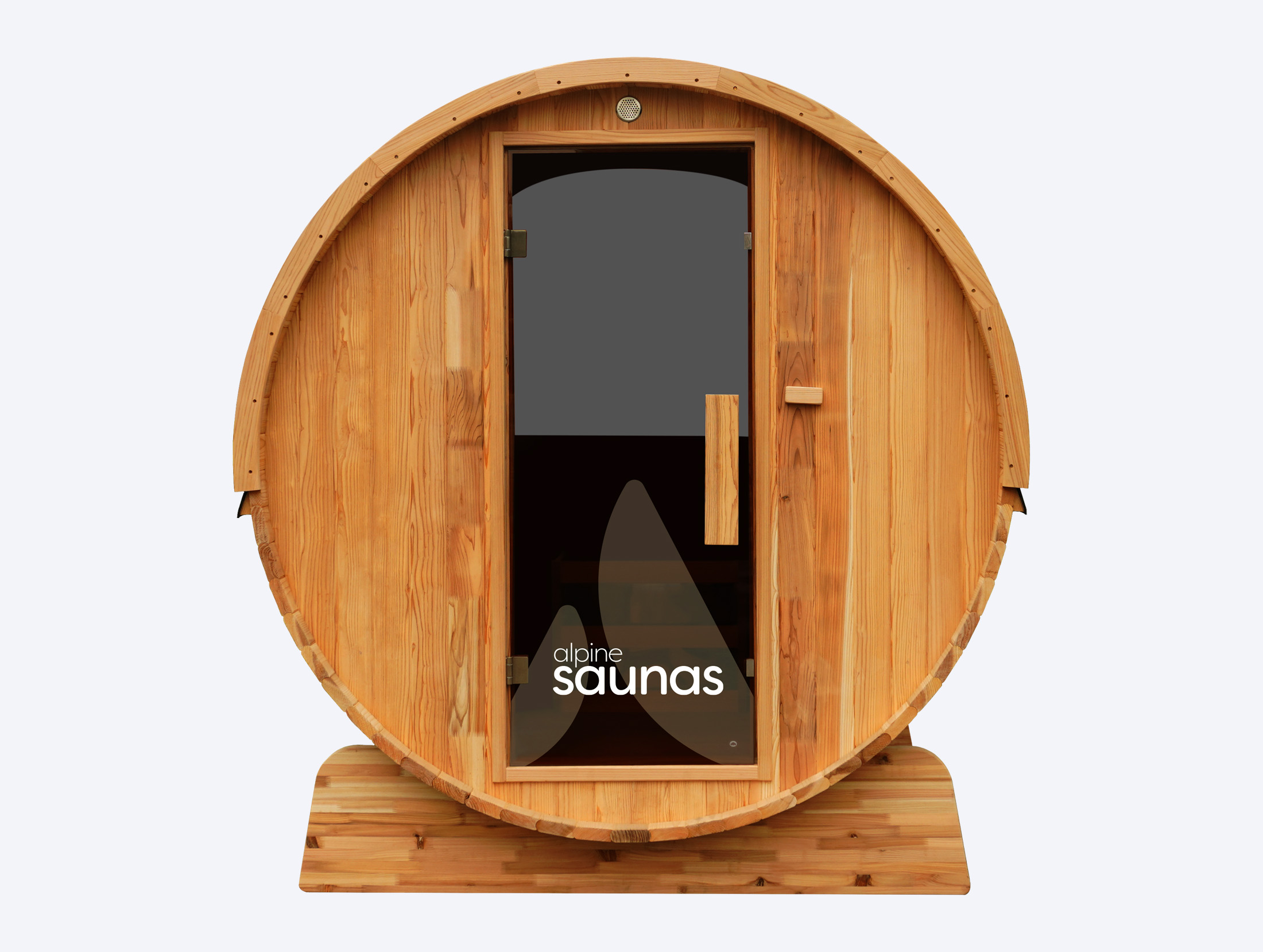 Front view of a small, barrel-shaped wooden sauna with a glass door displaying the words "alpine saunas."
