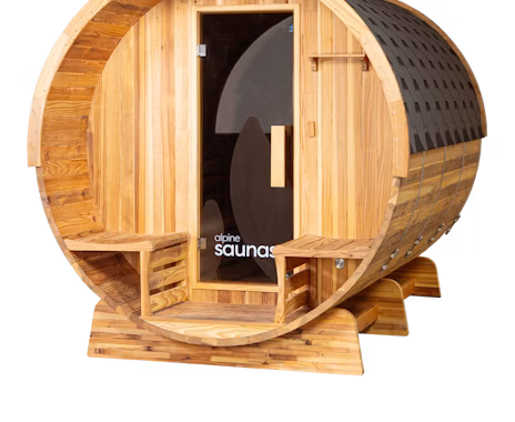 A wooden barrel-shaped sauna with a glass door and two small exterior benches.