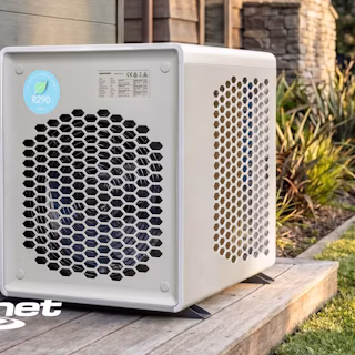 A white, box-shaped outdoor heat pump unit with honeycomb-patterned vents, labeled "R290" for natural refrigerant, sits on a wooden platform near a house. The "spanet" logo appears in the corner.