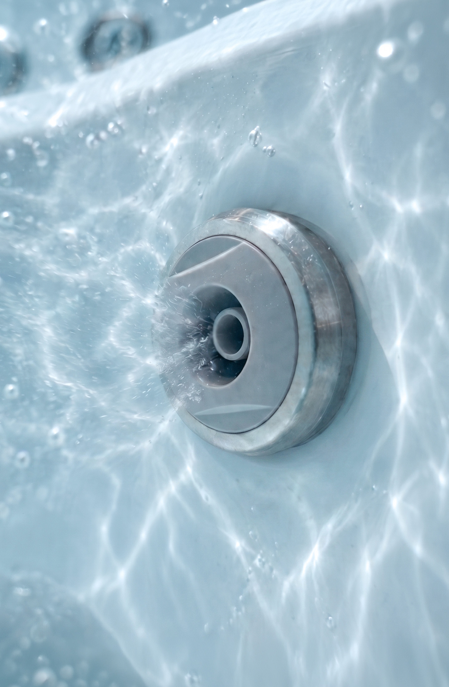 Close-up of a metal water jet in a pool or hot tub, with water bubbling out and light reflecting on the surface.