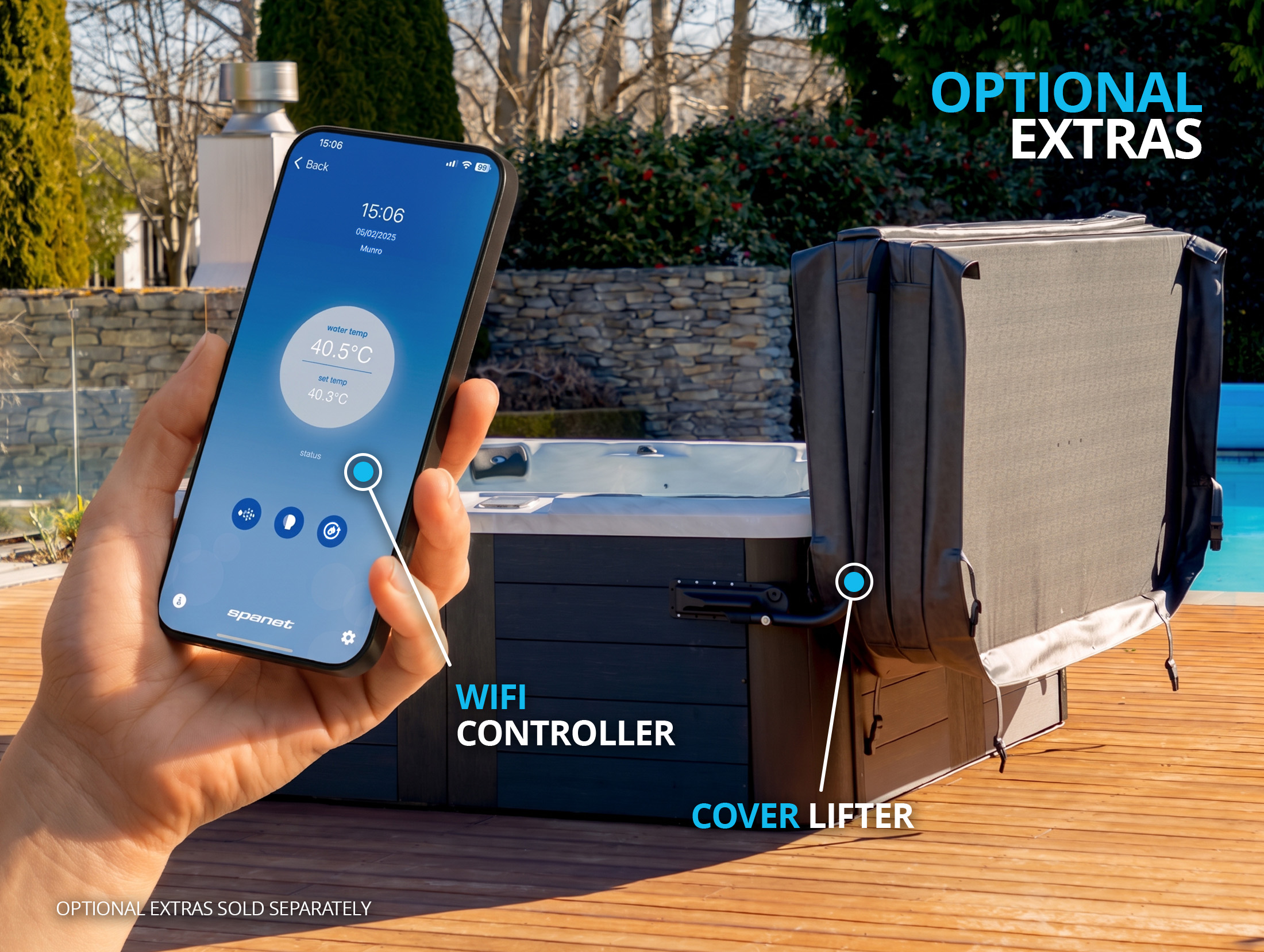 A person holds a smartphone displaying a spa control app beside a spa with an upright cover, highlighting optional WiFi controller and cover lifter accessories.