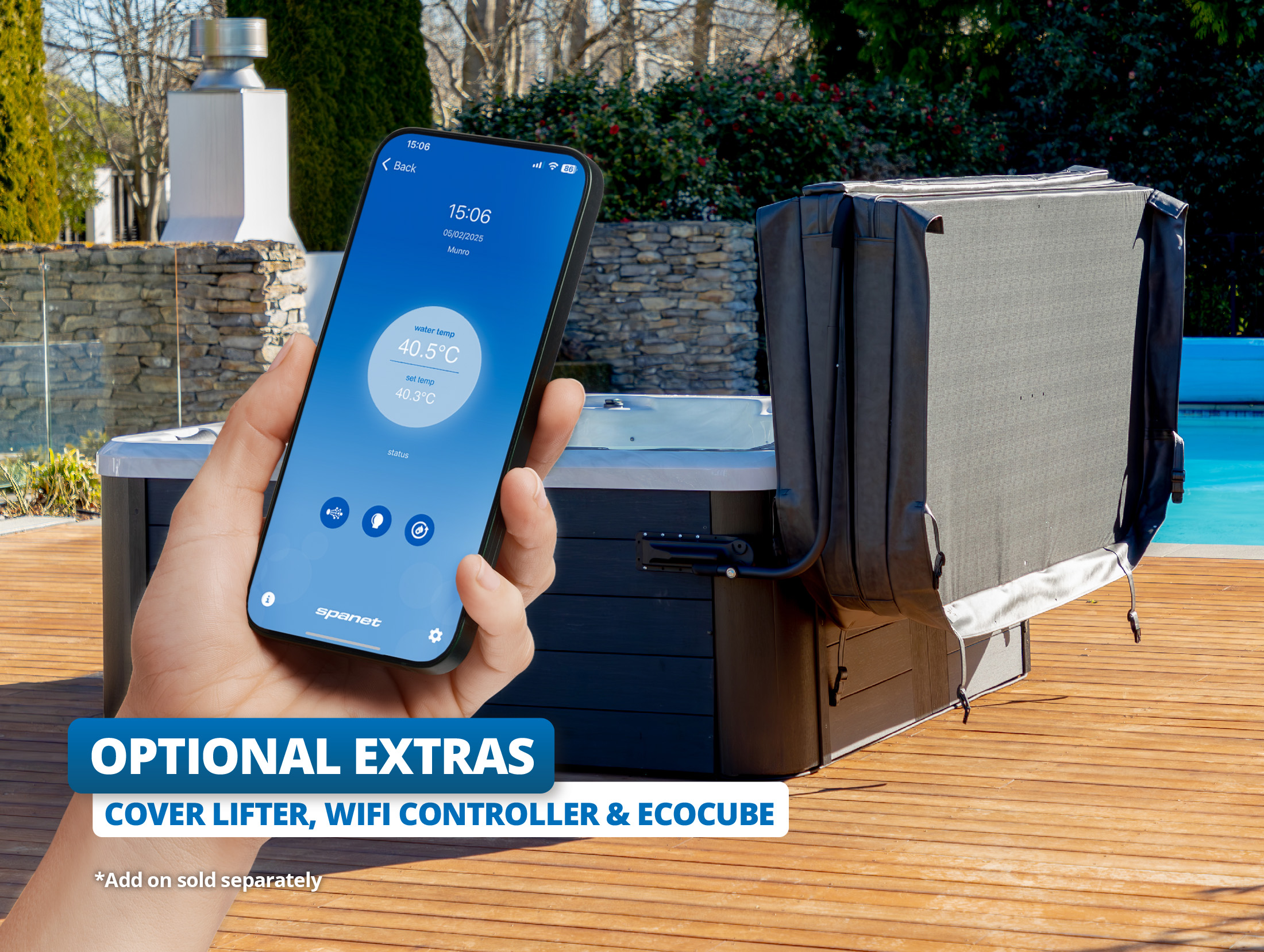 A hand holds a smartphone displaying a hot tub control app, with a hot tub in the background featuring a partially lifted cover. Text overlay reads "Optional extras: cover lifter, WiFi controller & Ecocube."