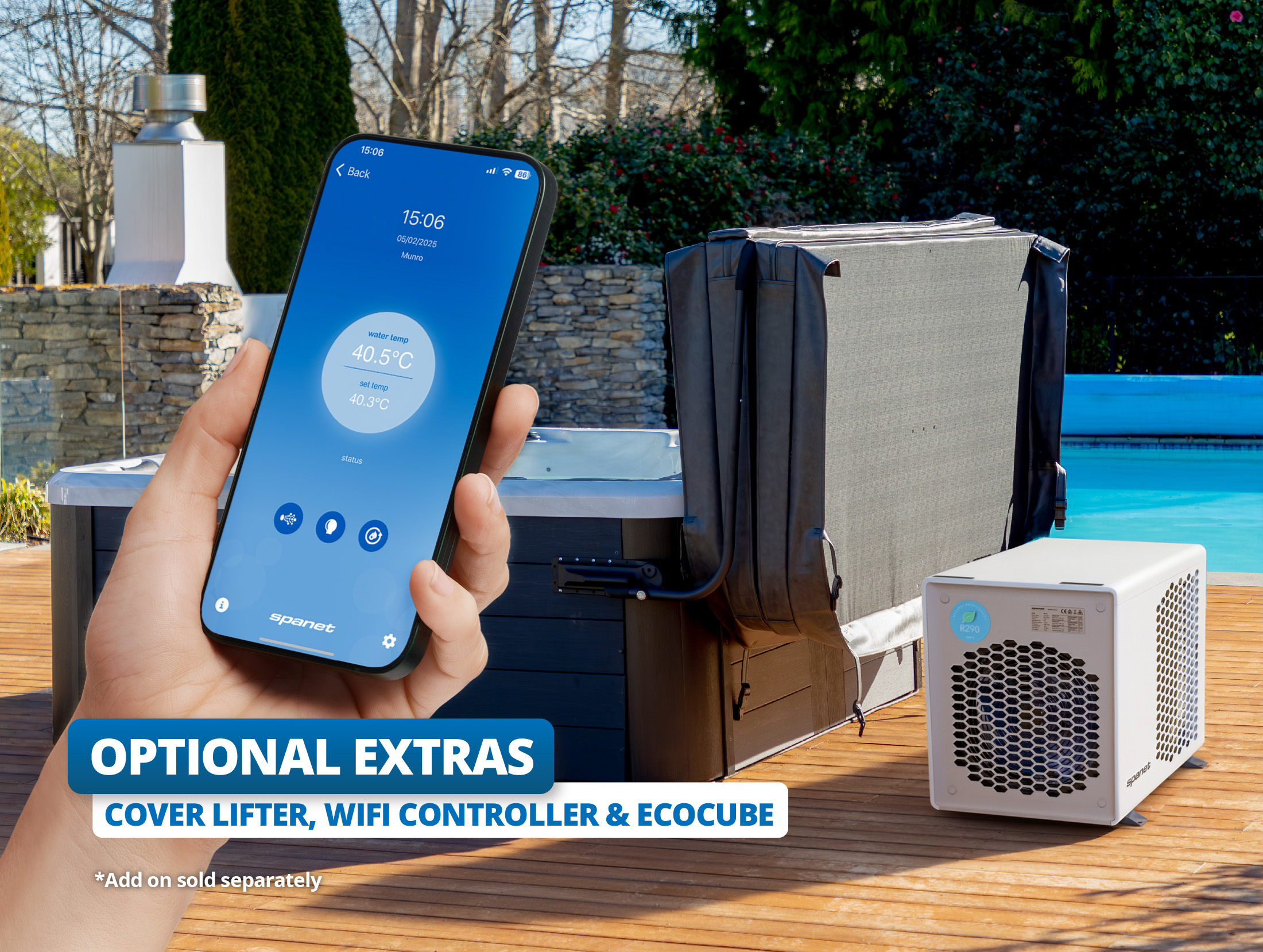 A hand holds a smartphone showing a hot tub control app, displaying water temperature settings. In the background, a hot tub with a cover lifter and a white EcoCube unit are set up on a wooden deck near a pool. Text reads: "Optional extras: cover lifter, WiFi controller & EcoCube."
