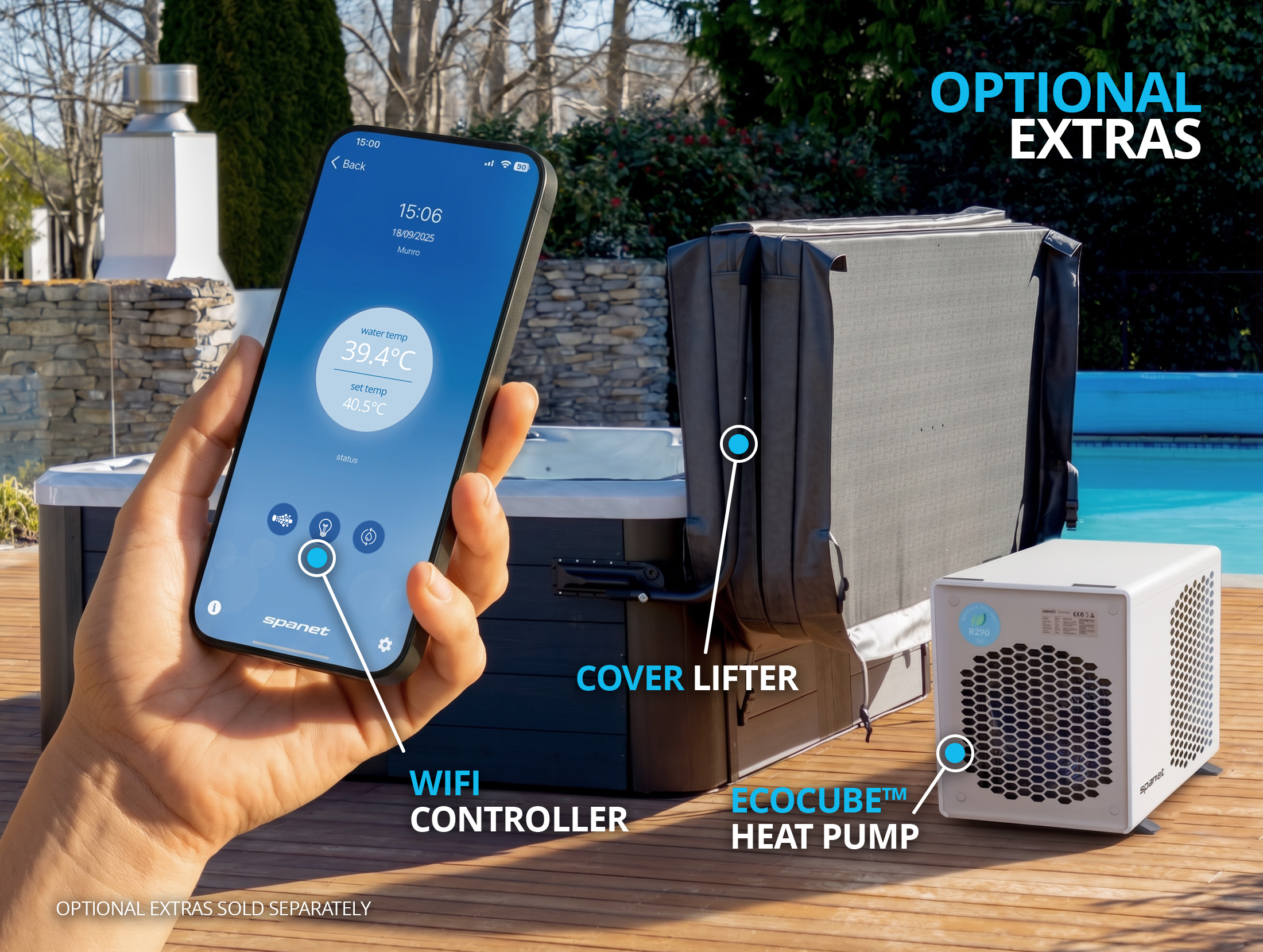 A person holds a smartphone showing spa controls next to a spa pool with a cover lifter and an Ecocube heat pump, outdoors on a deck.