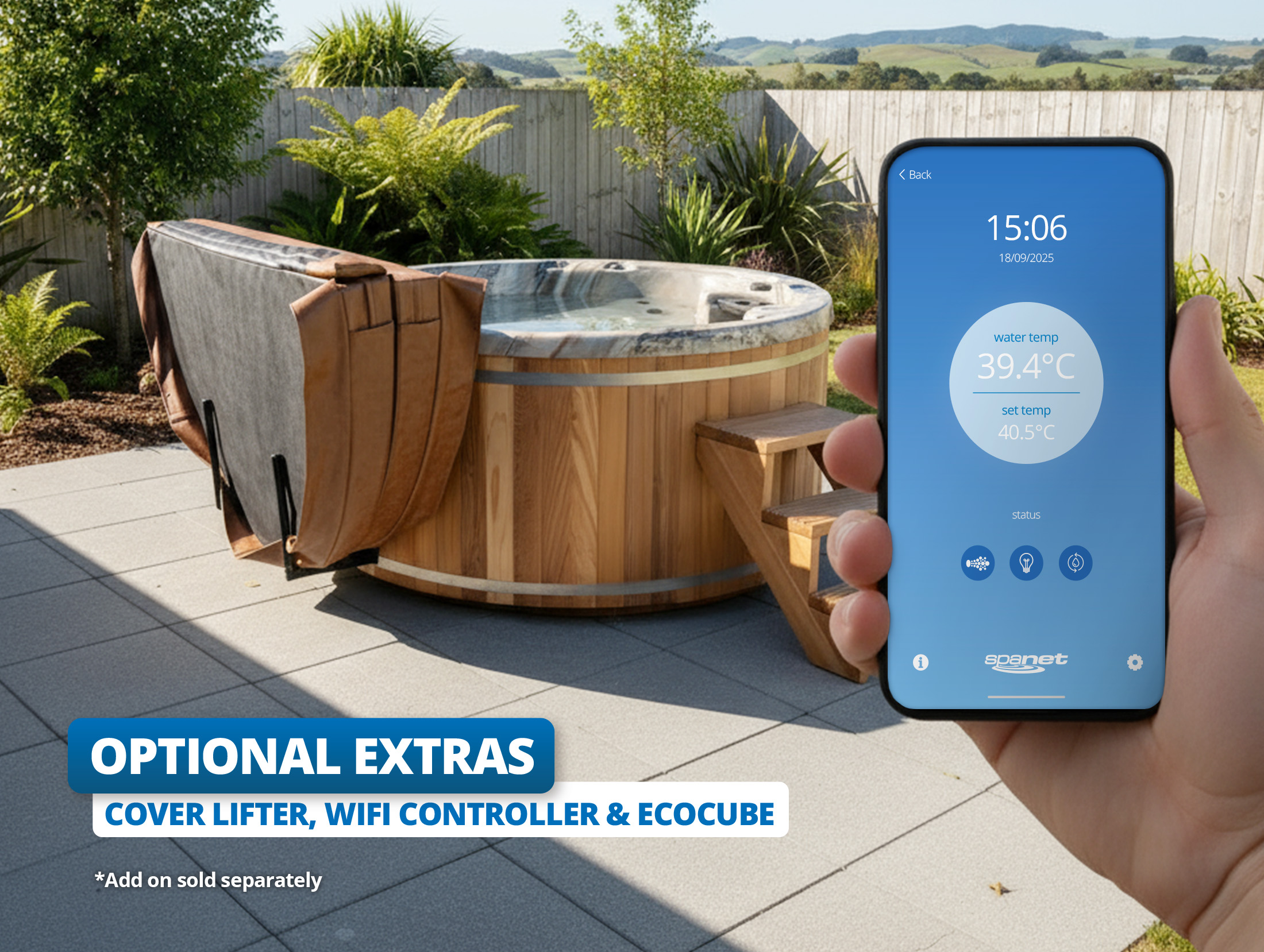 A round wooden hot tub on a patio with a cover lifter holding the cover open, wooden steps beside it, and a hand holding a smartphone displaying the hot tub's water temperature and WiFi controls. Text reads: "Optional Extras: Cover Lifter, WiFi Controller & Ecocube."