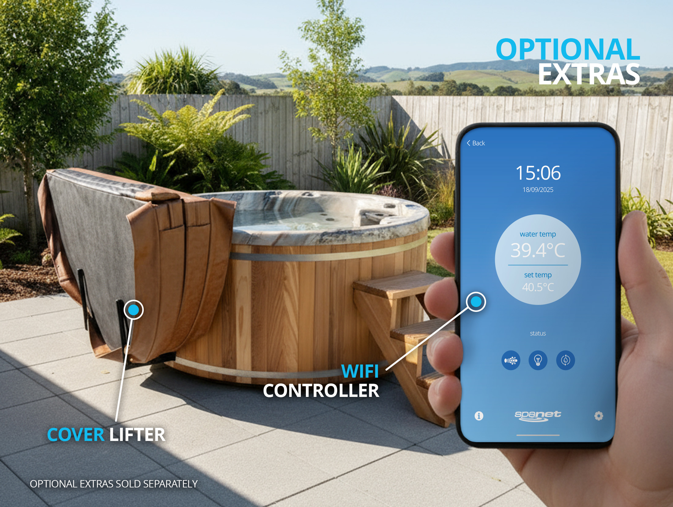A person holds a smartphone displaying a WiFi controller app in front of a round outdoor spa with a cover lifter, surrounded by a garden setting.