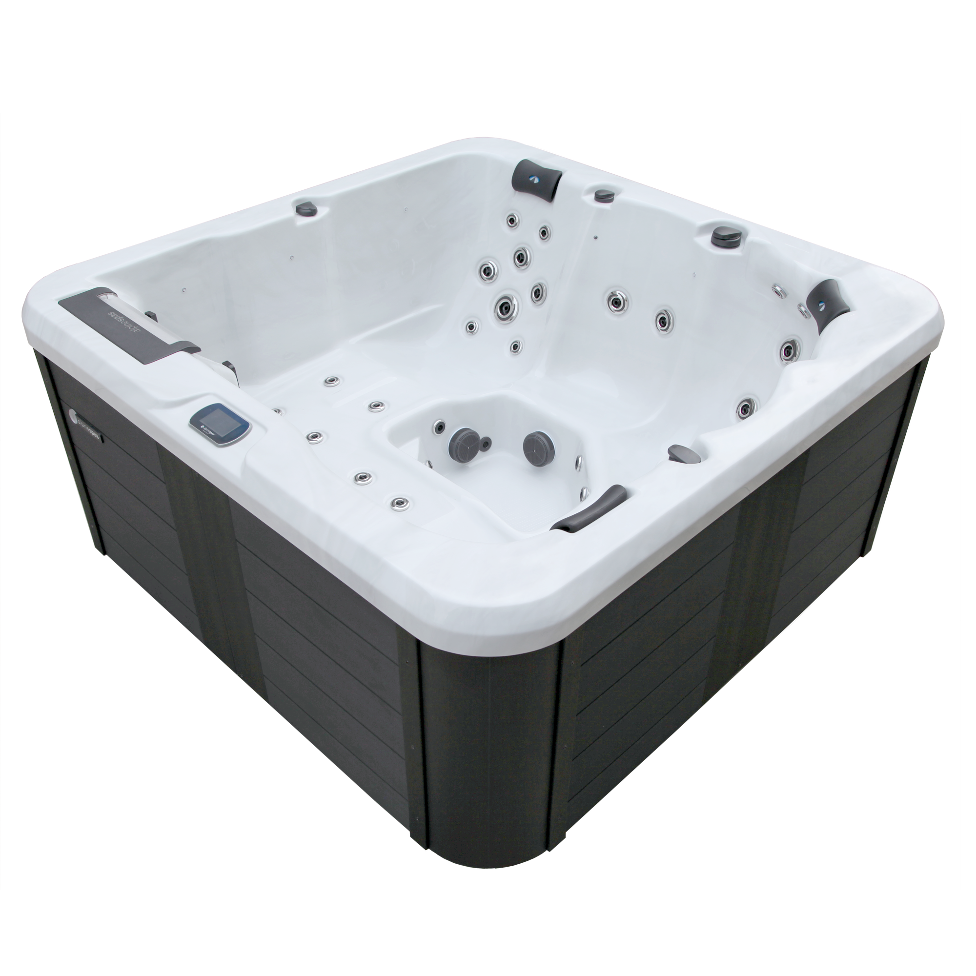 A square spa pool with multiple seats, headrests, and built-in water jets, shown from an angle on a white background.