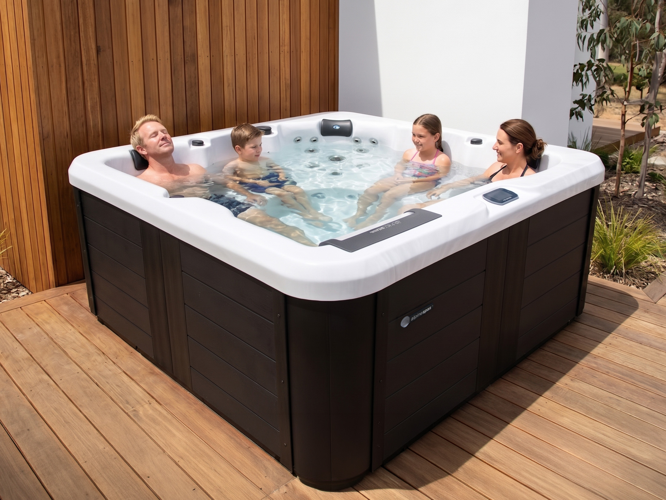 A man, woman, boy and girl relax together in an outdoor square spa on a wooden deck beside a modern house.