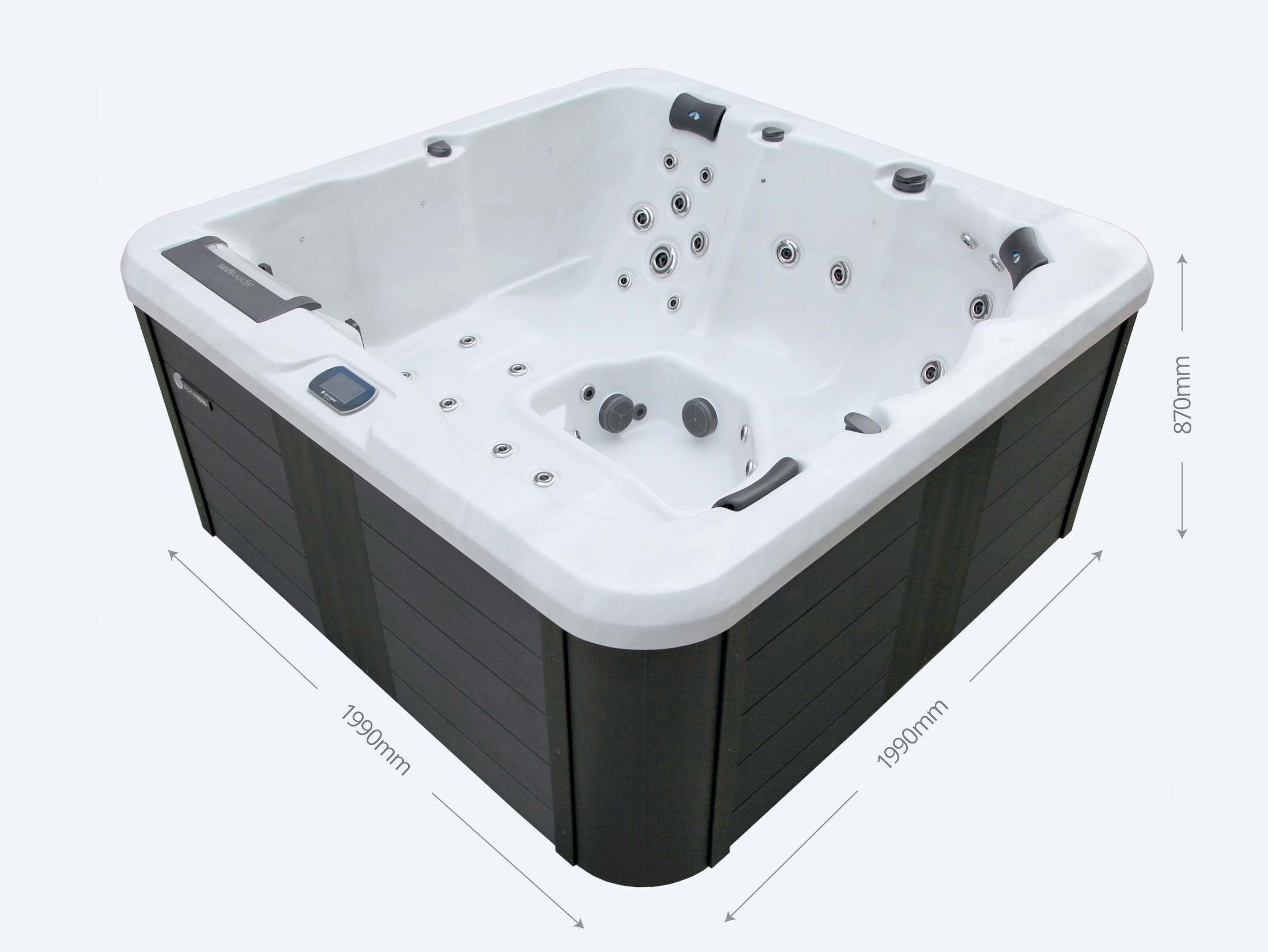 A square white and black spa with multiple jets, headrests, and dimensions marked as 1990mm by 1990mm by 870mm.