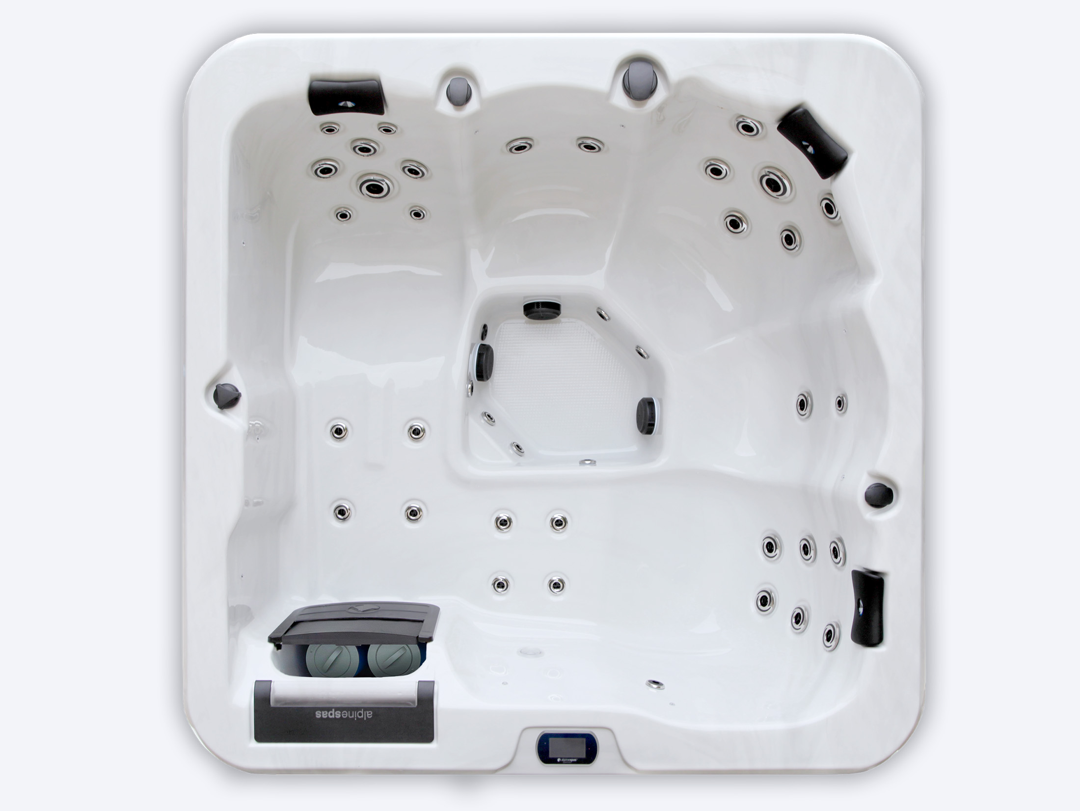 A white, square spa with multiple built-in seats and numerous water jets, viewed from above.