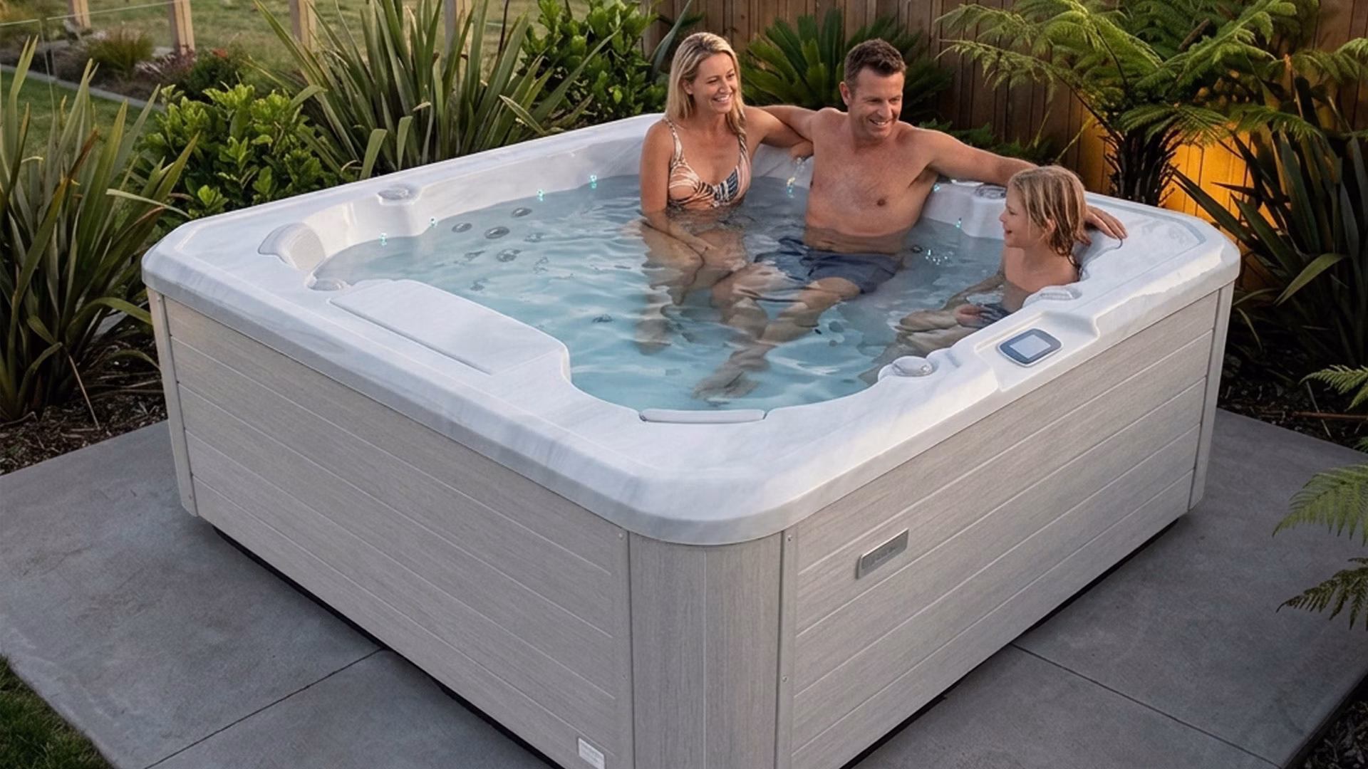 Three people relax and smile together in an outdoor hot tub surrounded by plants and a wooden fence.
