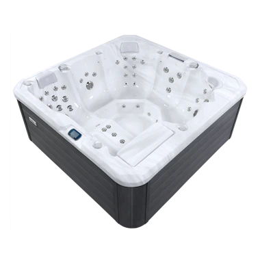 Square hot tub with multiple seats, white interior, numerous water jets, headrests, and a dark gray exterior panel.