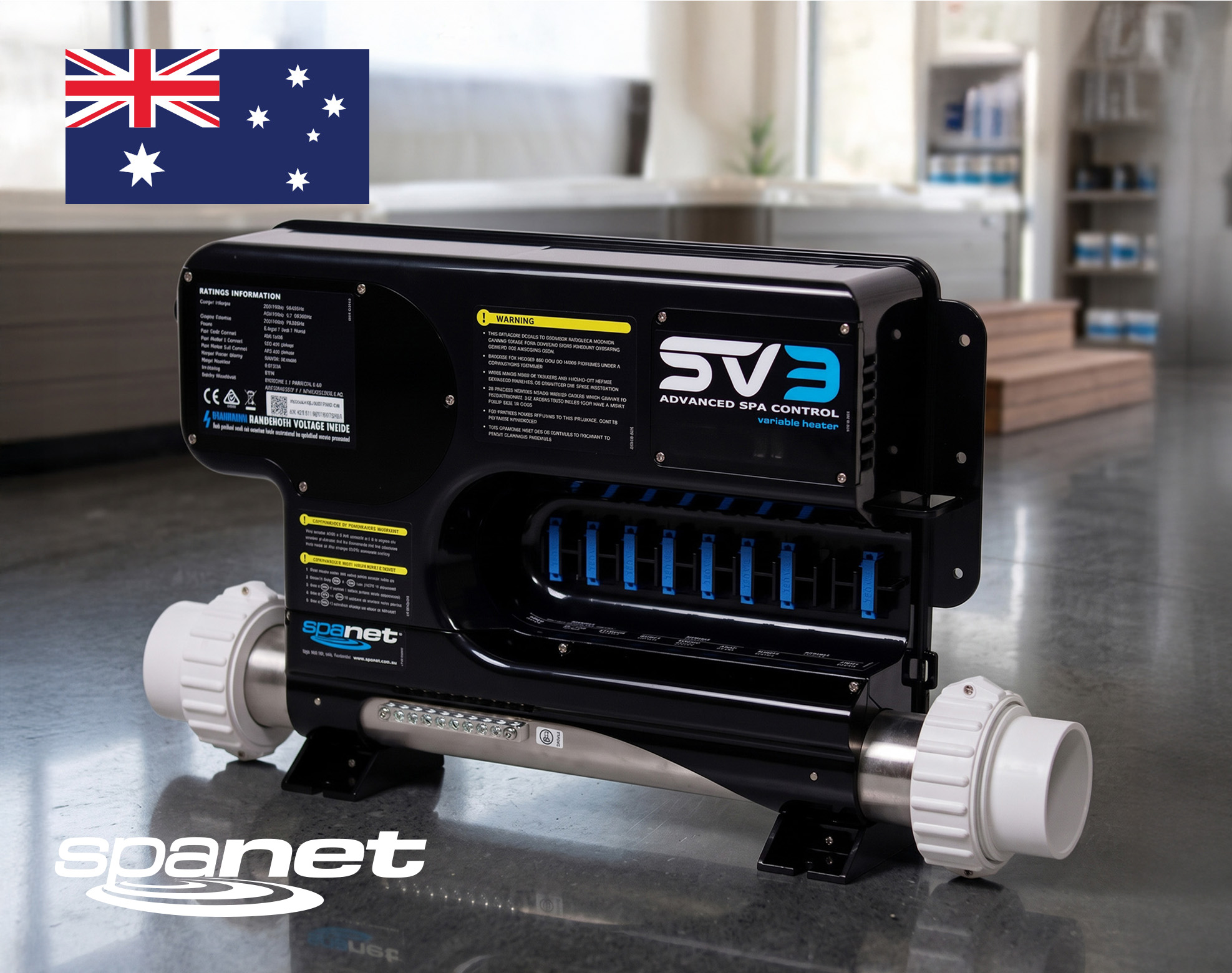 Black SV3 Advanced Spa Control heater unit on a reflective floor, with an Australian flag in the top left corner and the "spanet" logo in white at the bottom left.
