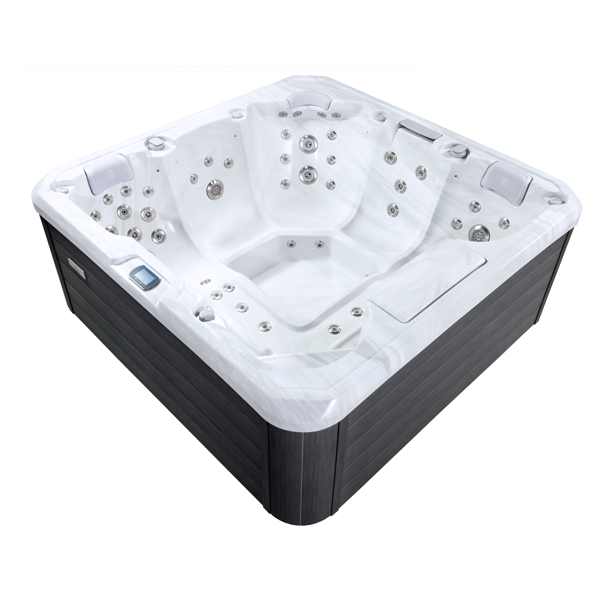 Large square hot tub with multiple seating areas, white interior, built-in jets, and a dark exterior panel.