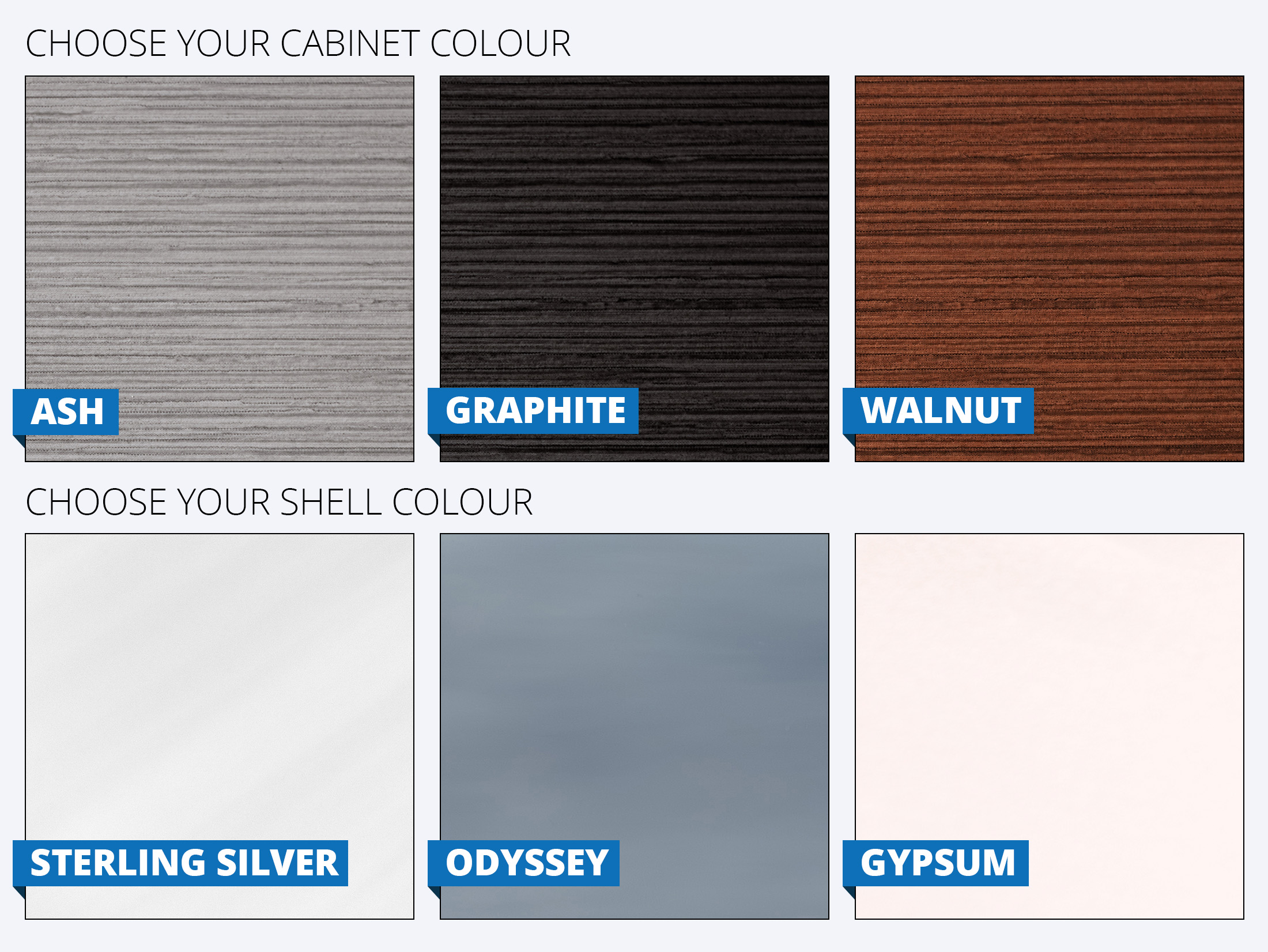 Six color samples for customization: three cabinet colors—Ash (light gray wood grain), Graphite (dark gray wood grain), and Walnut (brown wood grain); and three shell colors—Sterling Silver (white), Odyssey (blue-gray), and Gypsum (off-white).