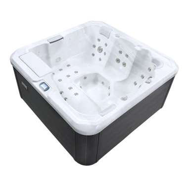 Square, modern hot tub with a white interior, multiple jets, and dark exterior panels, viewed from an angled top perspective.