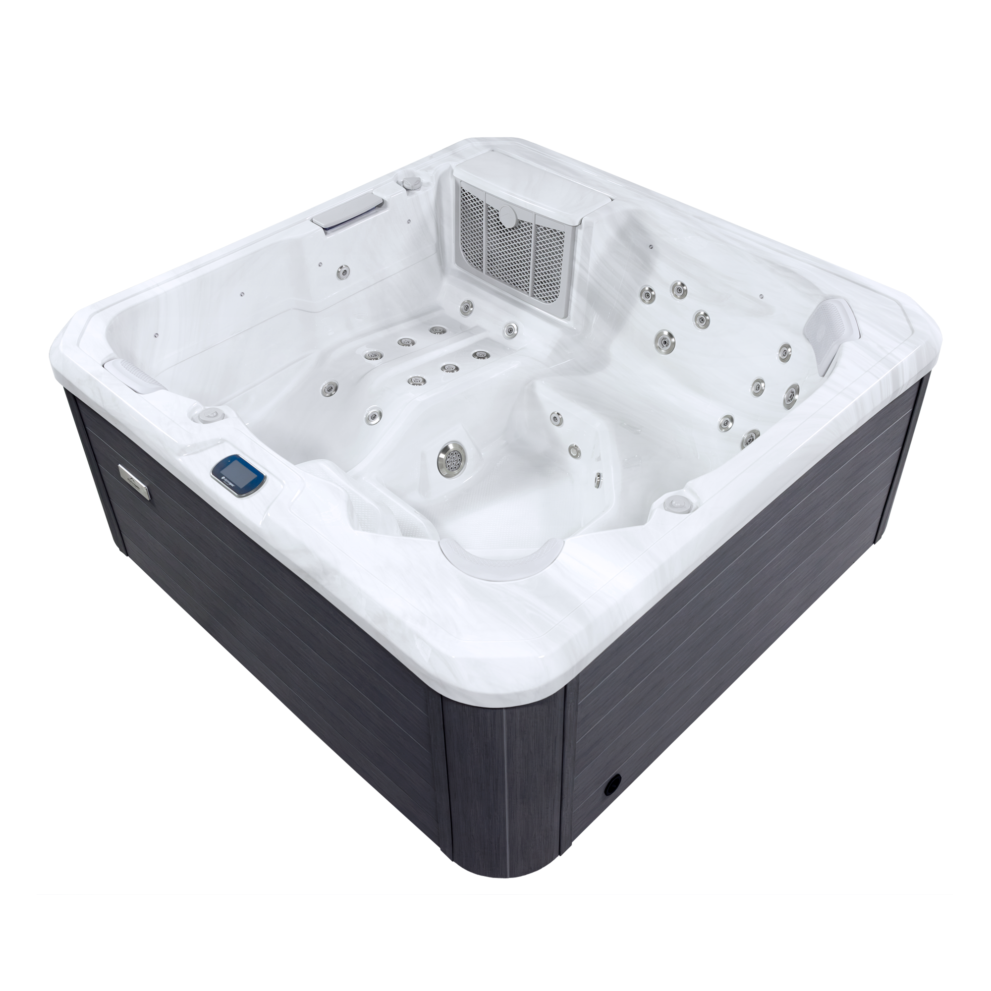 Square outdoor hot tub with white interior, multiple seating areas, and numerous water jets, surrounded by dark wood-like exterior panels.