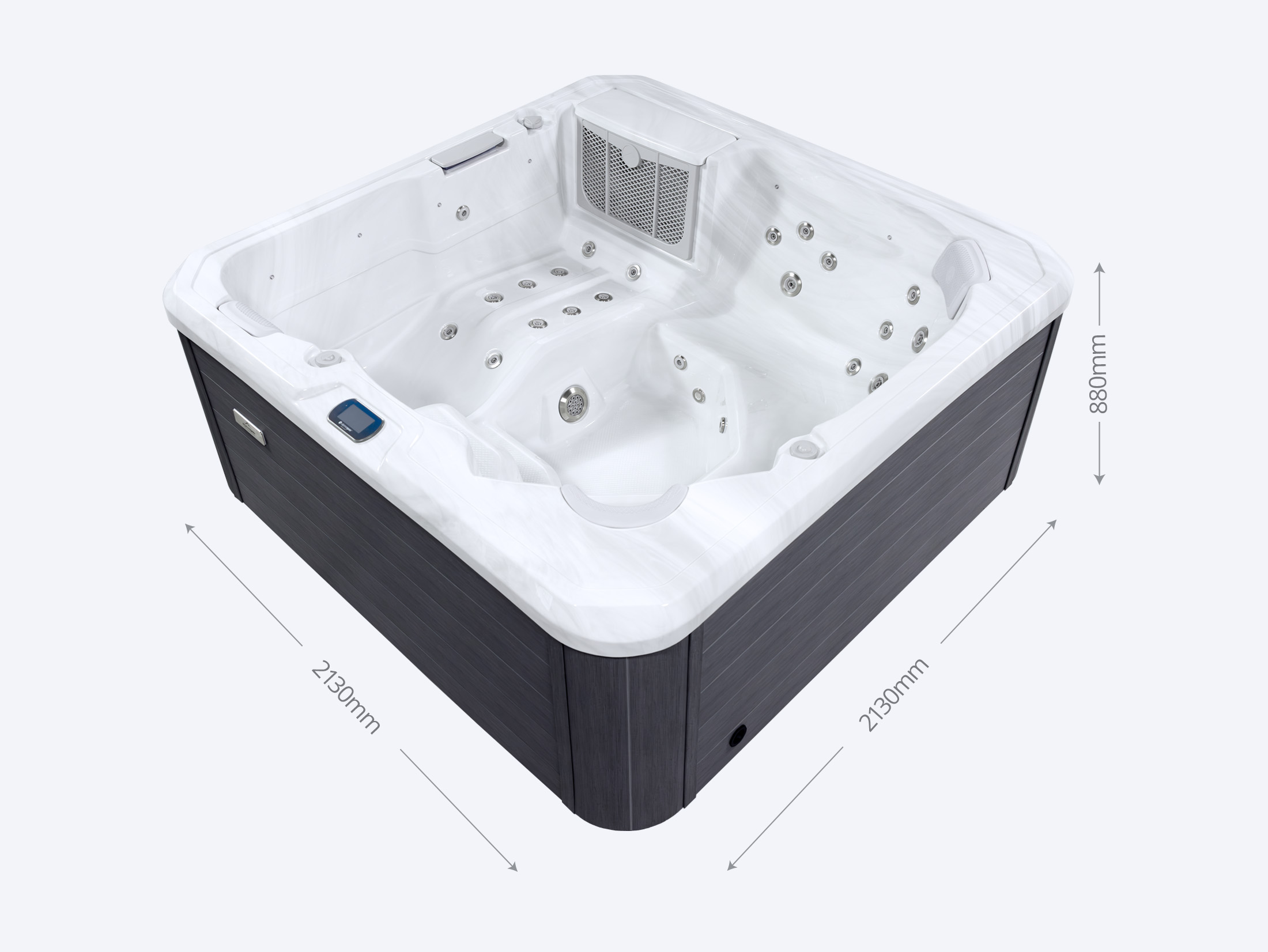 Square hot tub with a white interior and dark exterior, featuring multiple jets and seats, shown with dimensions: 2130mm length, 2130mm width, and 880mm height.