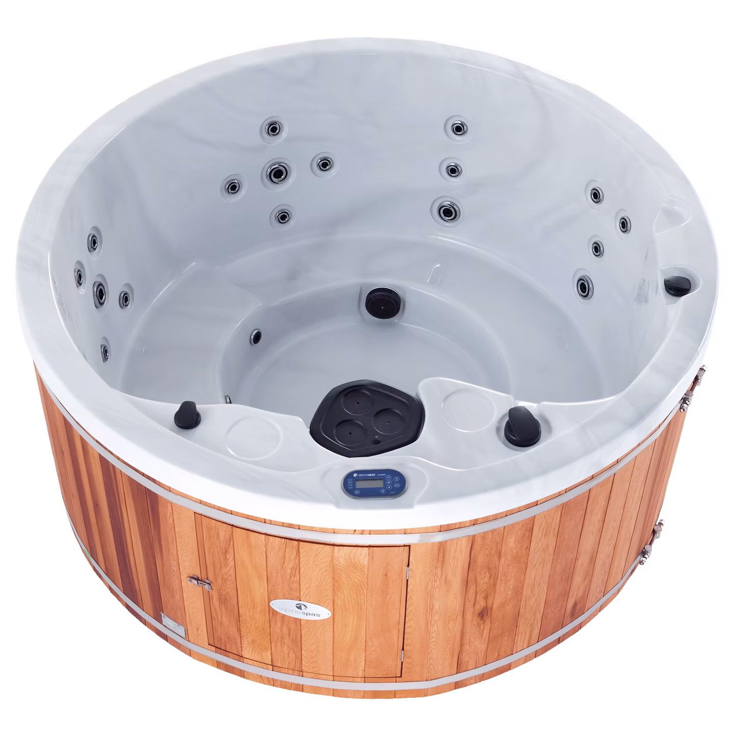 Round spa pool with a light gray interior featuring multiple water jets and a wooden exterior panel.