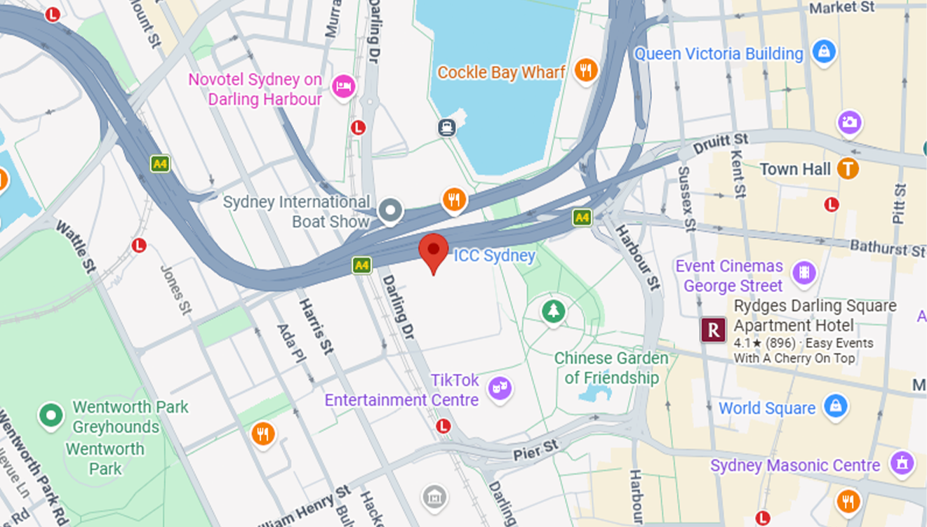 A map of central Sydney highlighting ICC Sydney near Darling Harbour, with nearby landmarks such as Cockle Bay Wharf, the Chinese Garden of Friendship, and Town Hall.