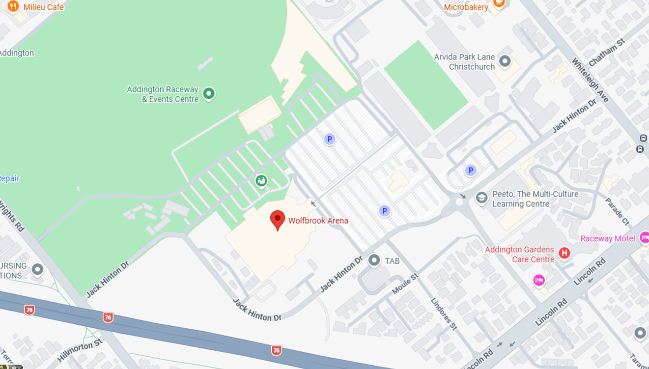 A digital map showing the location of Wolfbrook Arena and Addington Raceway & Events Centre in Christchurch, with nearby roads and landmarks labelled.