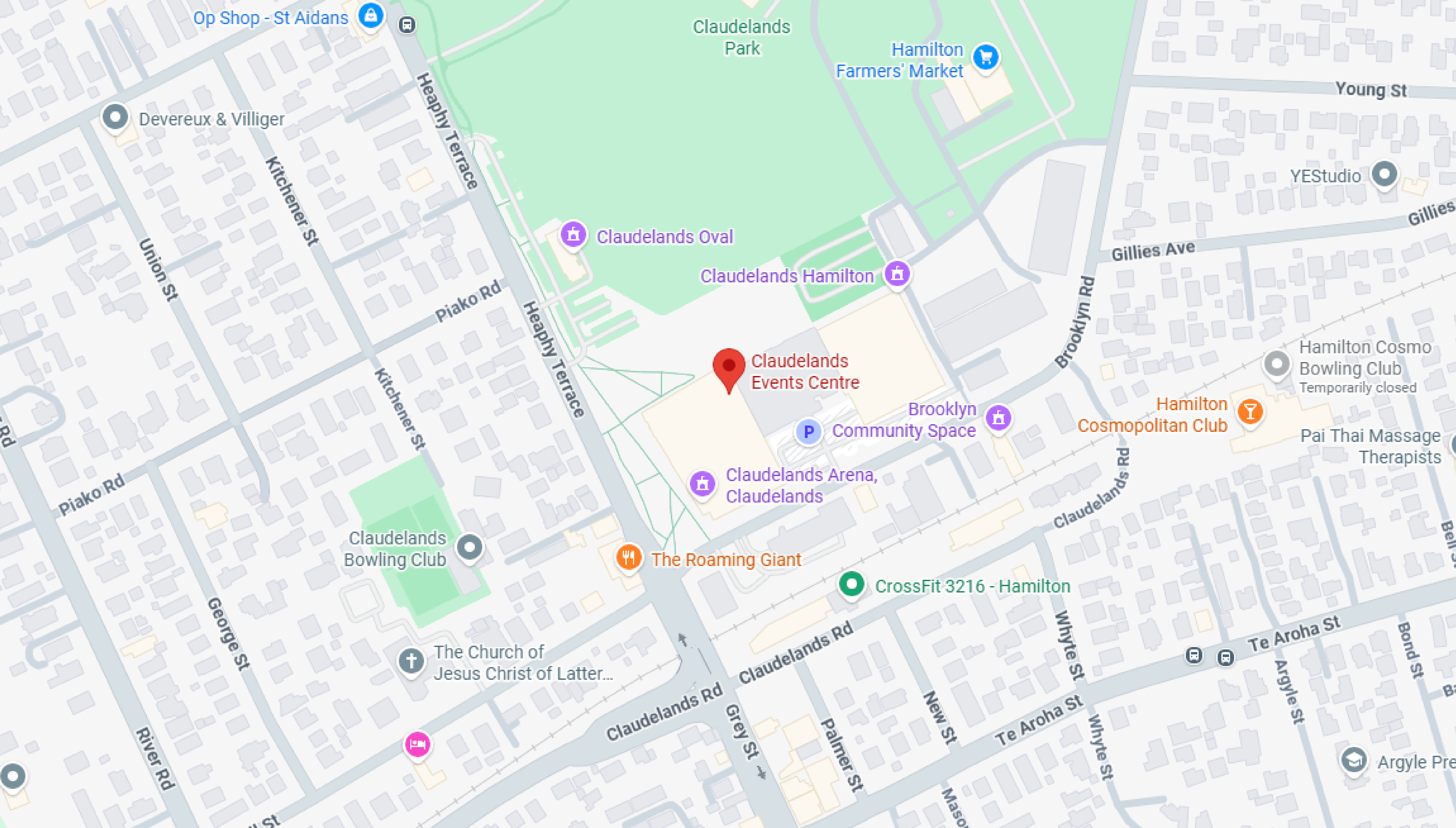 A map showing the area around Claudelands Events Centre in Hamilton, including nearby streets, parks, and local businesses.